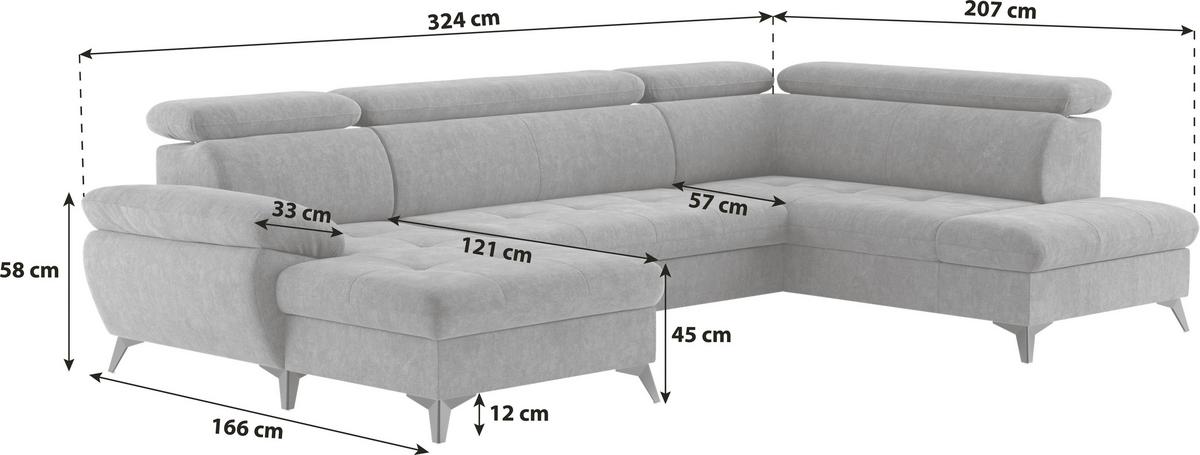 Wohnlandschaft Hudson Mit Schlaffunktion Dunkelgrau - Schlammfarben/Dunkelgrau, Textil (166/324/207cm) - MID.YOU