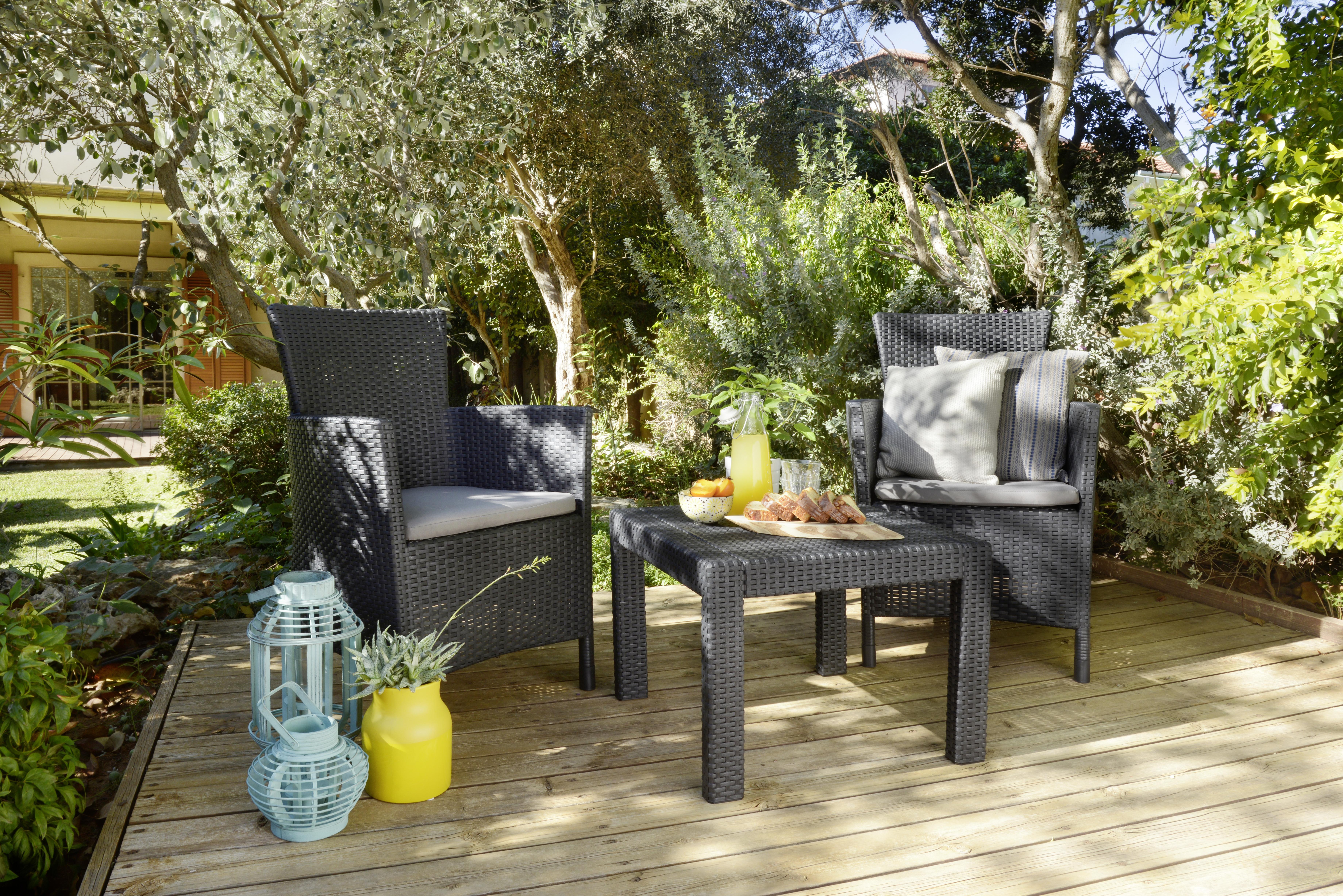 Balkonmöbel Set Rosario Aus Polyrattan mit Kissen - Hellgrau/Graphitfarben, MODERN, Kunststoff - Allibert