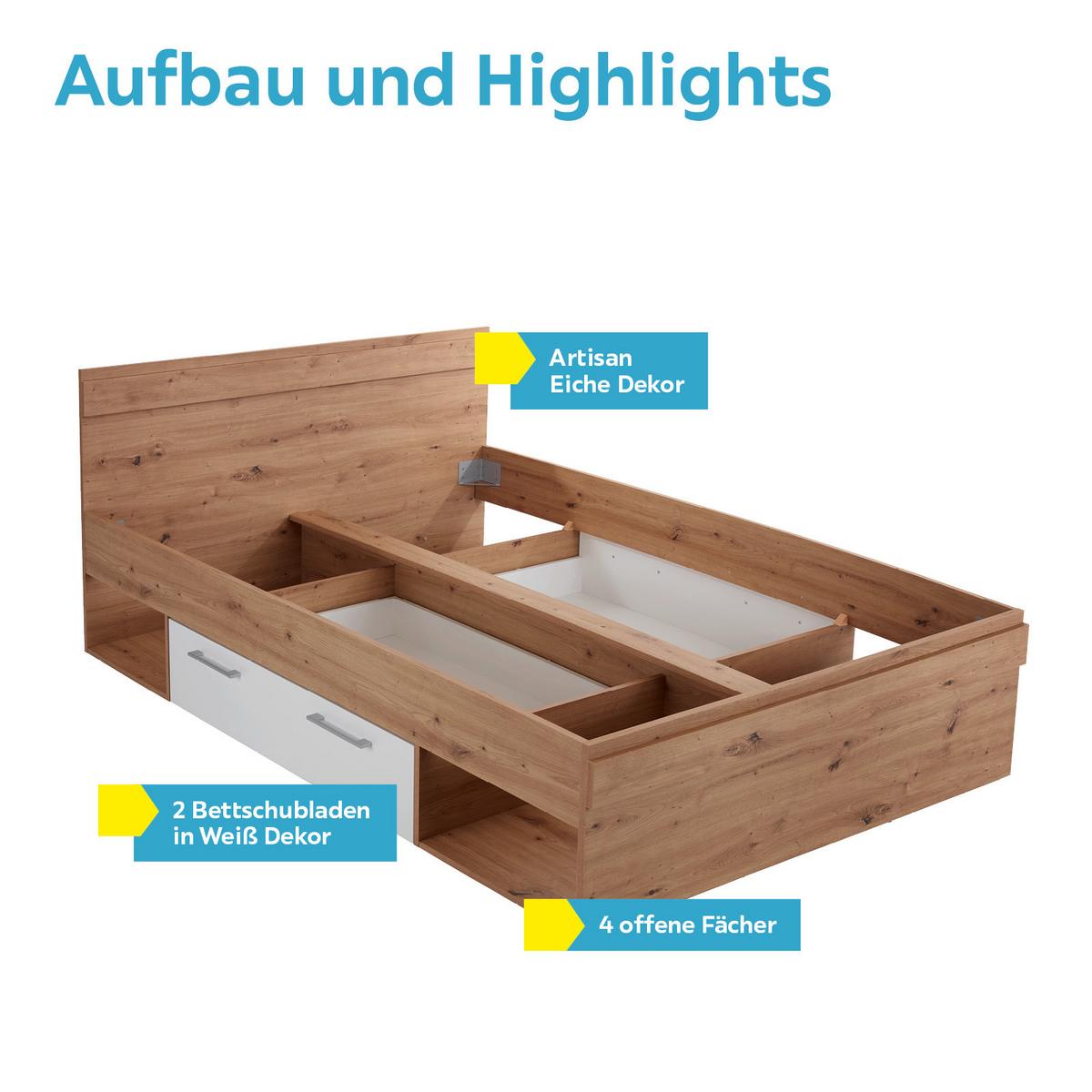Stauraumbett 140x200 Cm Box, Artisan Eiche Dekor/weiß - Eichefarben/Weiß, MODERN, Holzwerkstoff (140/200cm) - Ondega