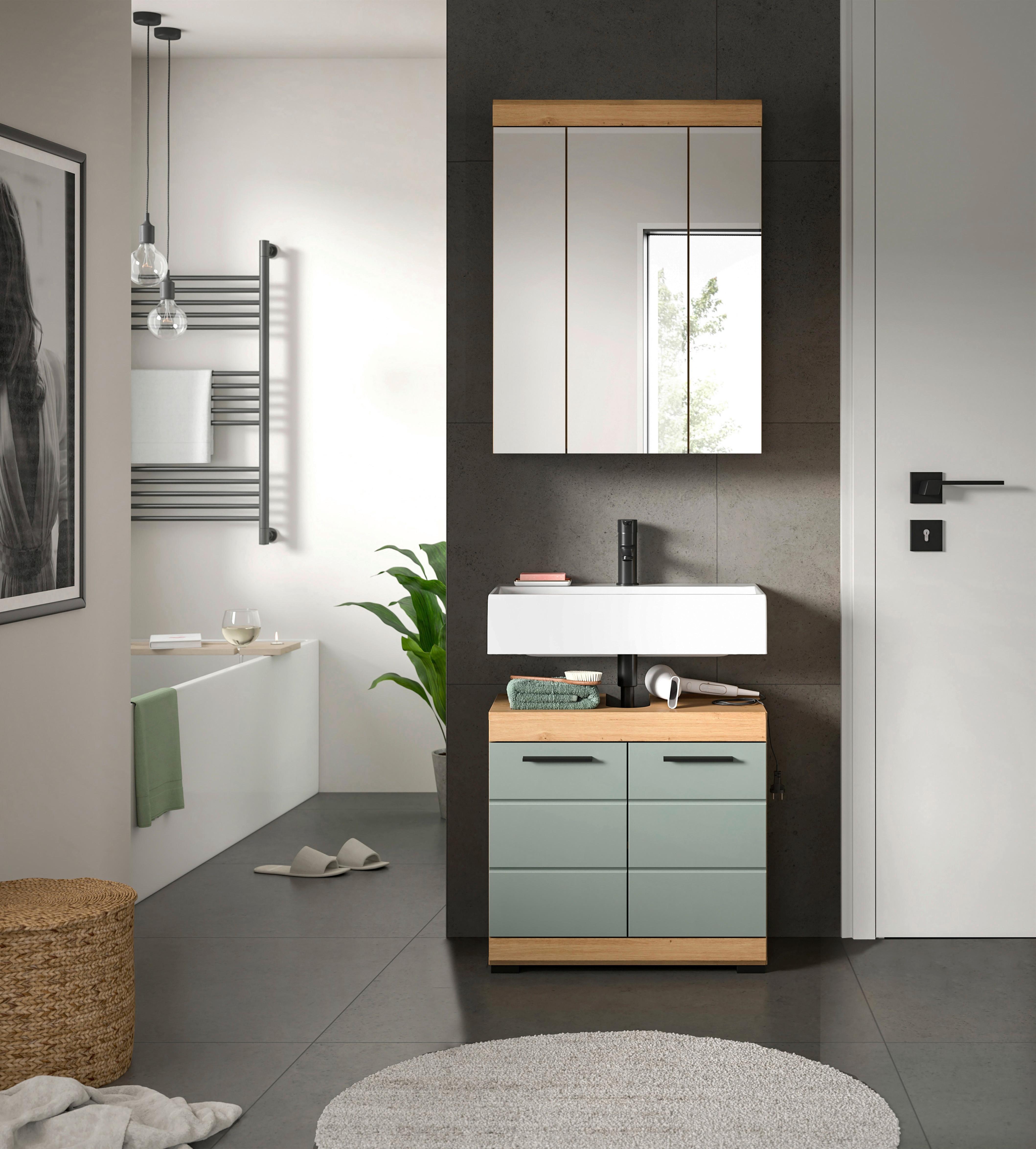 Badezimmer Scout Eiche Artisan Dekor Graugrün - Schwarz/Eiche Artisan, MODERN, Glas/Holzwerkstoff (60cm) - MID.YOU