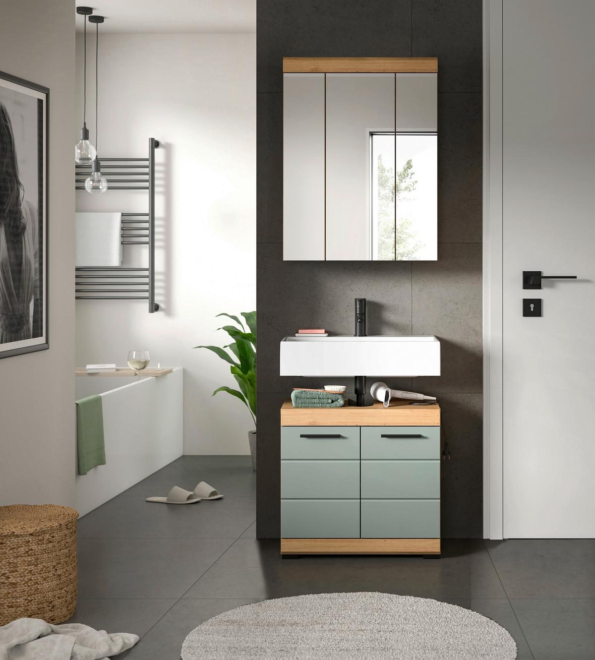Badezimmer Scout Eiche Artisan Dekor Graugrün - Schwarz/Eiche Artisan, MODERN, Glas/Holzwerkstoff (60cm) - MID.YOU