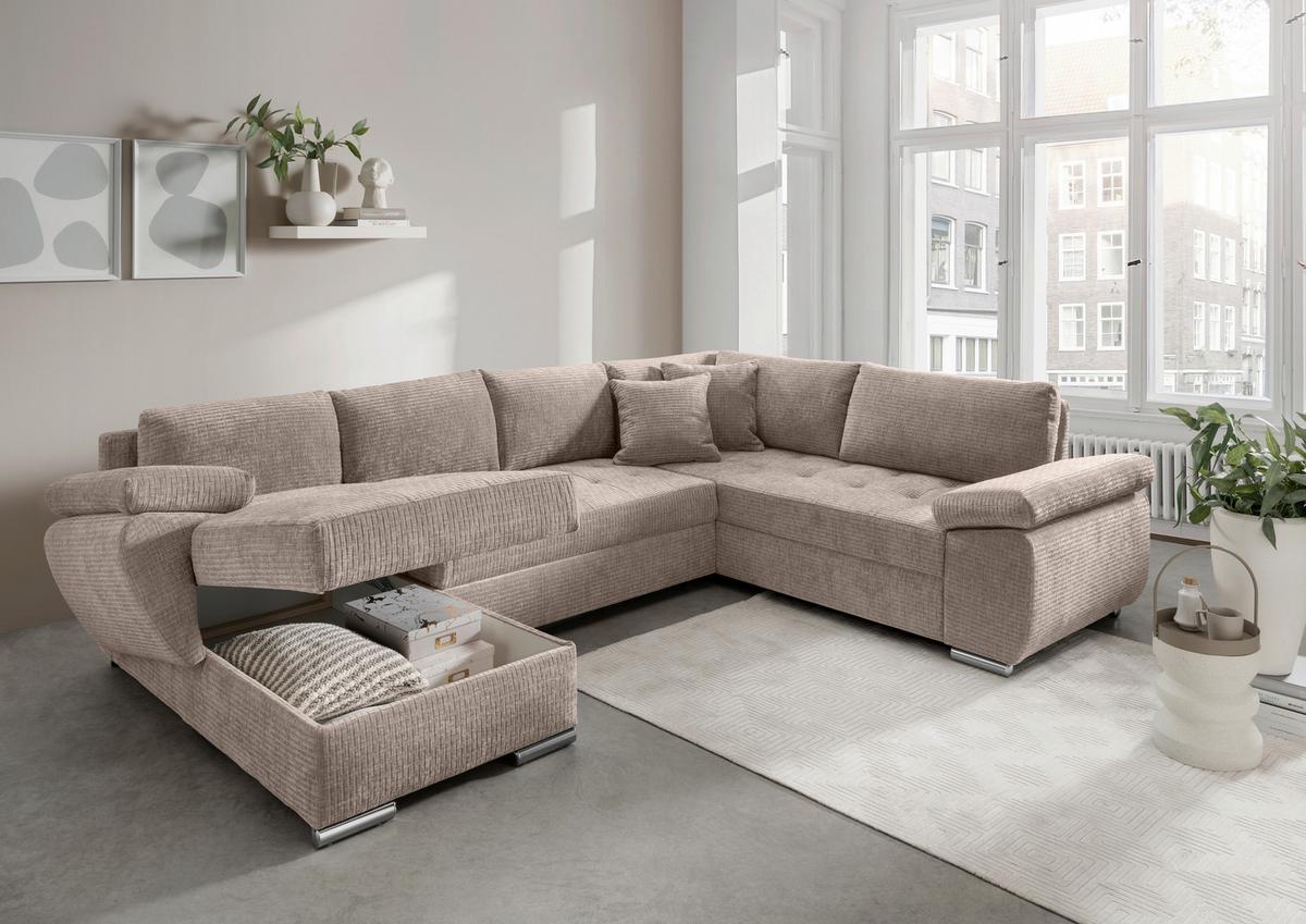 Wohnlandschaft Terana mit Schlaffunktion Beige - Chromfarben/Beige, KONVENTIONELL, Textil (157/305/219cm) - Livetastic