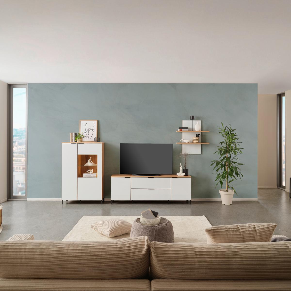 Tv-lowboard Austin 180 Cm Eichefarben/glasfront Weiß - Eichefarben/Schwarz, Trend, Glas/Holzwerkstoff (180/63/40cm)