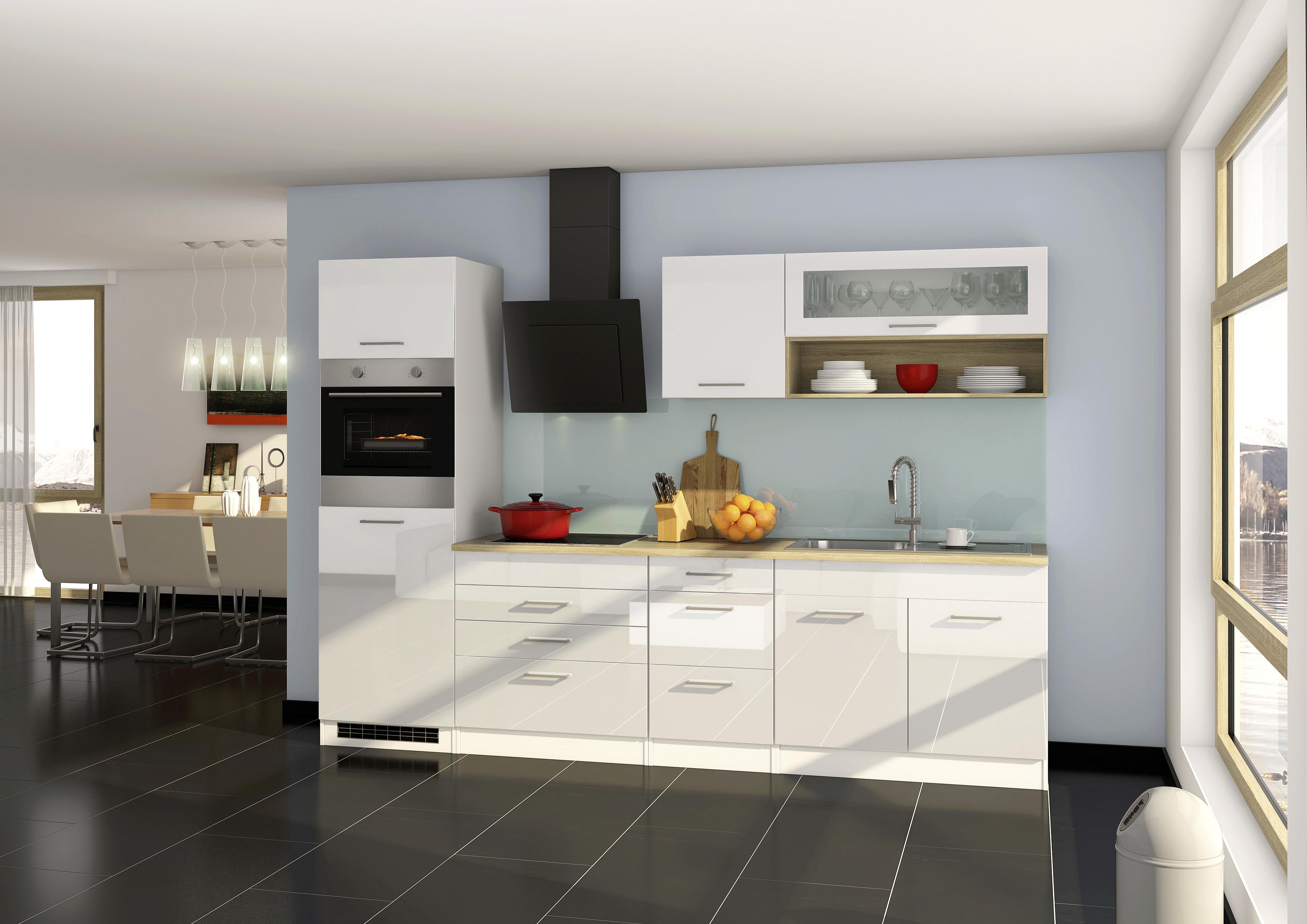 Küchenzeile Mailand mit Geräten 290 cm Weiß Hochglanz - Eichefarben/Weiß, MODERN, Holzwerkstoff (290cm) - MID.YOU