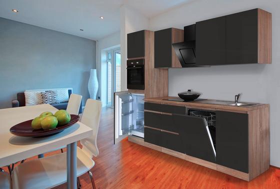 Grifflose Küche in Grau Hochglanz mit Geschirrspüler Moderner Küchenblock mit Elektrogeräten