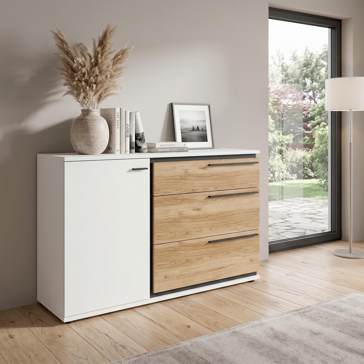 Kommode Salinas B: 132,9 cm Alpinweiß/Eichefarben/Schwarz - Eichefarben/Schwarz, Trend, Holzwerkstoff (132,9/85/40cm)