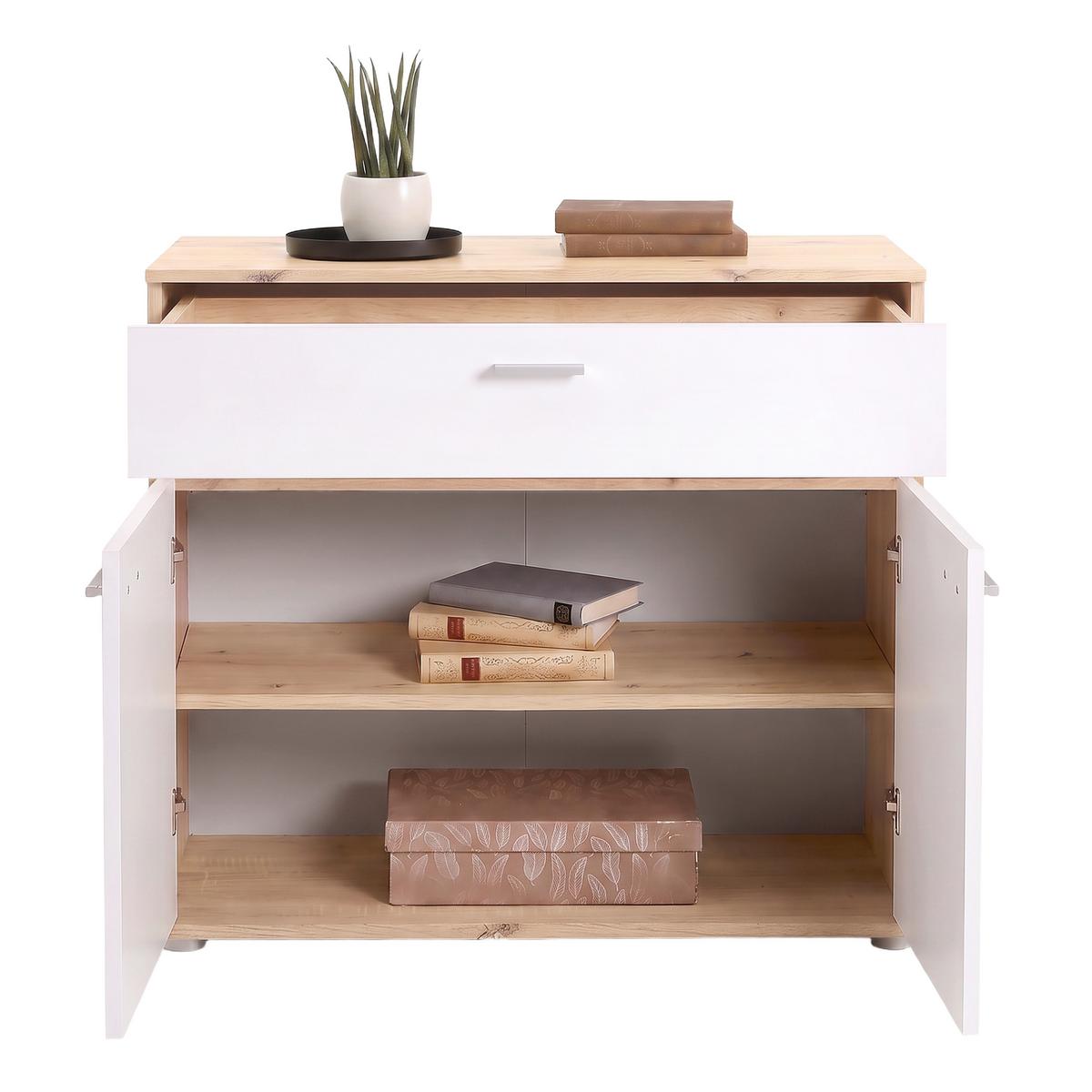 Kommode Carmen 2 Weiß/Eichefarben B: 80,2 cm - Eichefarben/Silberfarben, Trend, Holzwerkstoff (80,2/80/35cm) - Based