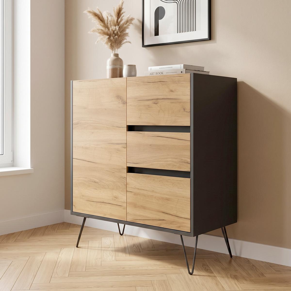 Sideboard Posseik Industrial Graphitfarben/Eichef. B: 79 cm - Eichefarben/Graphitfarben, Design, Holzwerkstoff (79/93,6/40,6cm) - MID.YOU