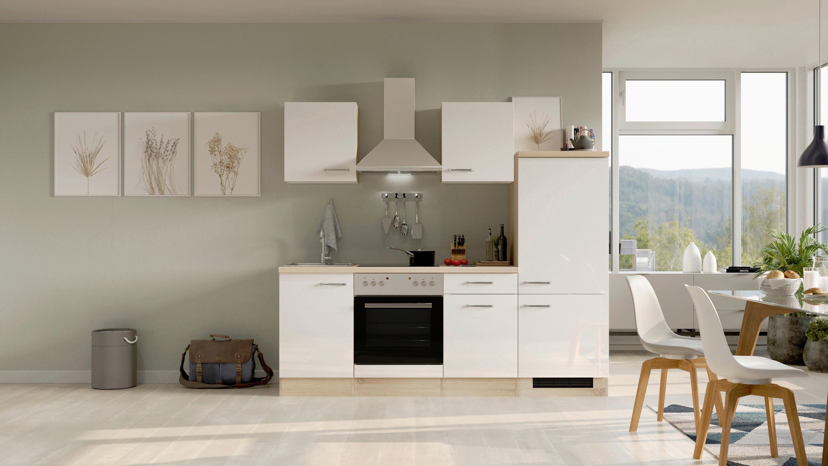 Küchenblock Valero Sonoma Eiche/Weiß B: 220 cm - Weiß Hochglanz/Sonoma Eiche, MODERN, Holzwerkstoff (220cm) - FlexWell