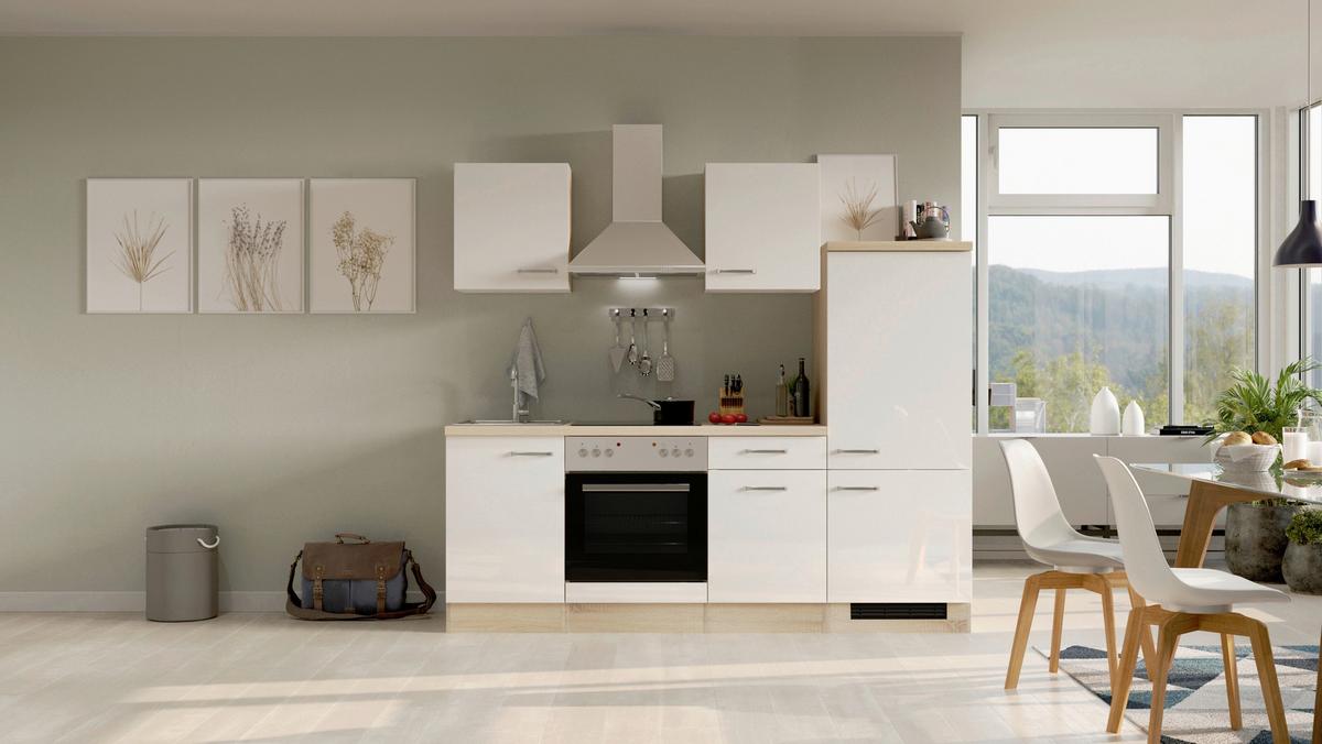 Küchenblock Valero Sonoma Eiche/Weiß B: 220 cm - Weiß Hochglanz/Sonoma Eiche, MODERN, Holzwerkstoff (220cm) - FlexWell