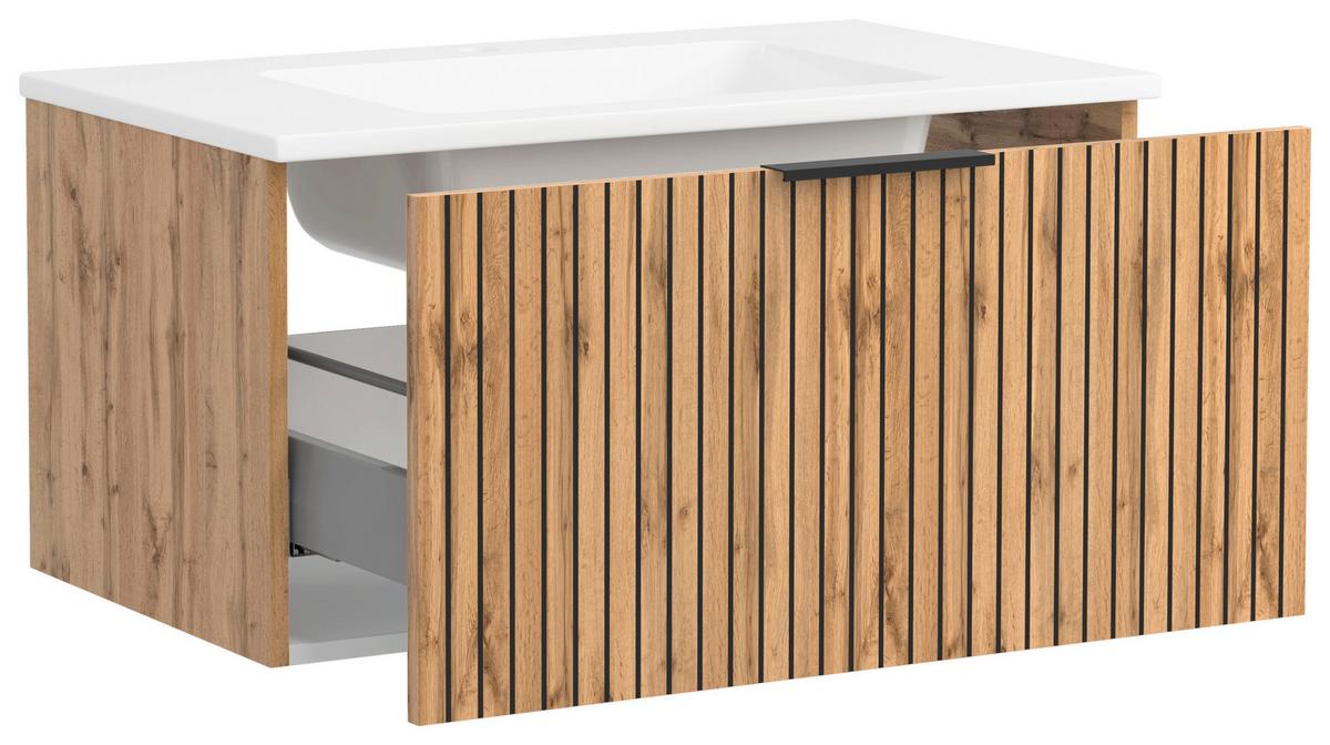 Waschbecken mit Unterschrank Chester B: 80 cm - Eiche Wotan/Schwarz, MODERN, Holzwerkstoff/Stein (80cm) - Held