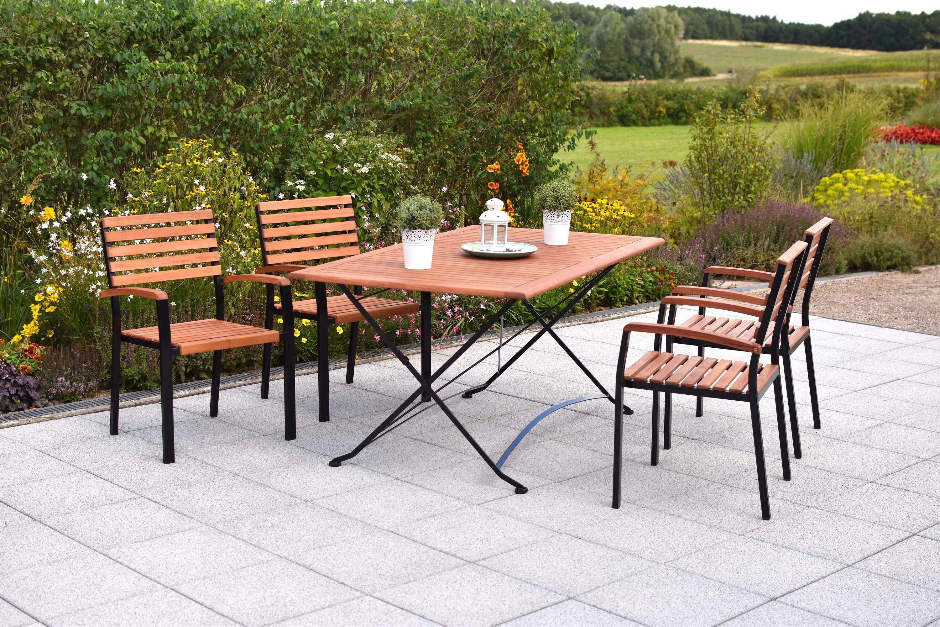 Gartentischgruppe 5tlg. Set - Schwarz/Naturfarben, KONVENTIONELL, Holz/Metall - Gardenson
