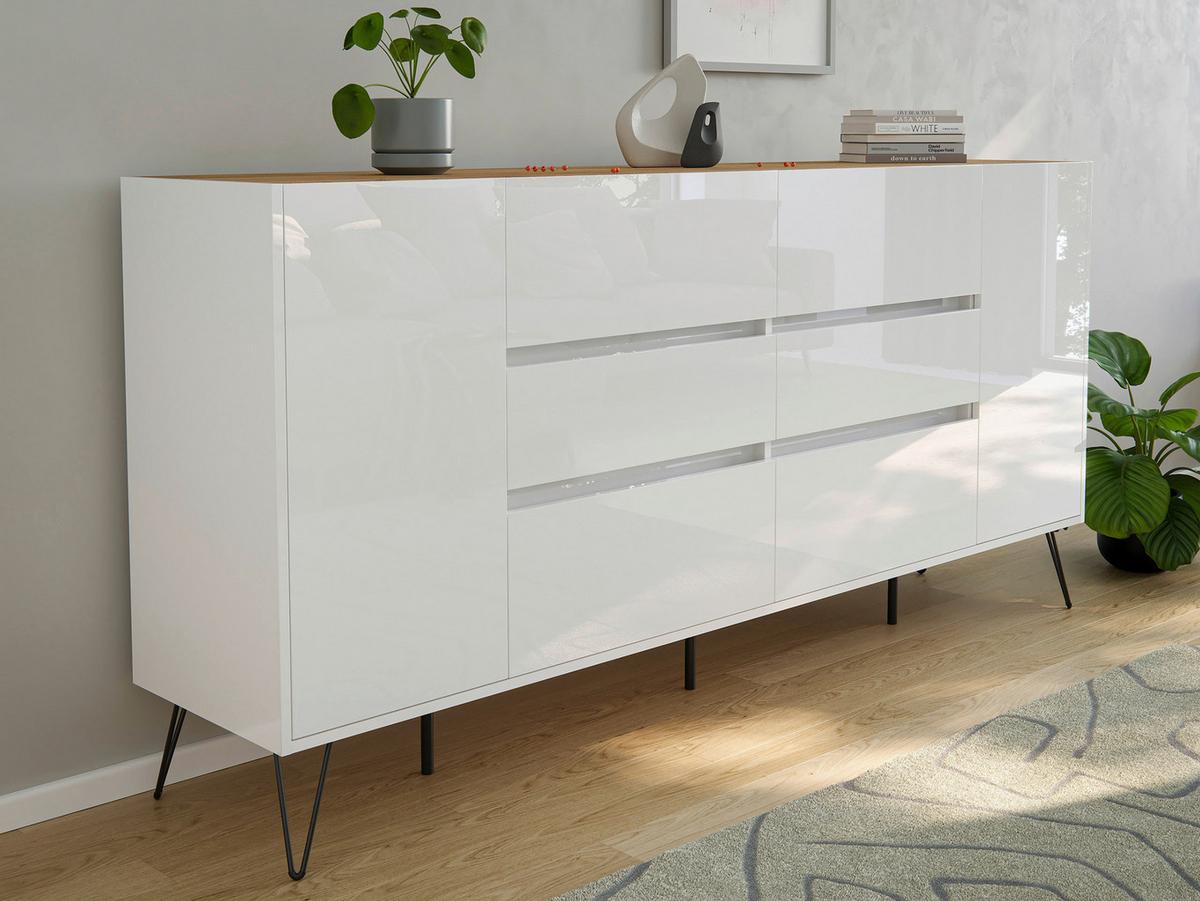 Sideboard Posseik Industrial Weiß/Eichefarben B: 199 cm - Weiß Hochglanz/Eichefarben, Design, Holzwerkstoff (199/93,6/42cm) - P & B