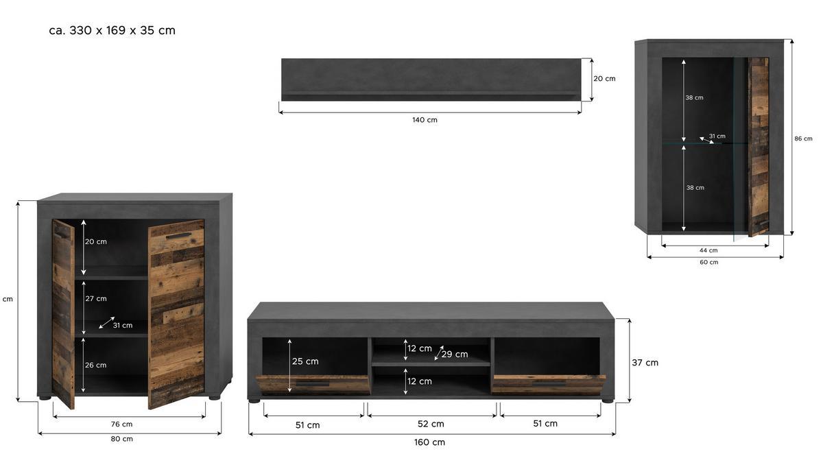 Wohnwand Jam Grau/Naturfarben B: 330 cm - Schwarz/Naturfarben, Design, Glas/Holzwerkstoff (330/169/35cm) - MID.YOU