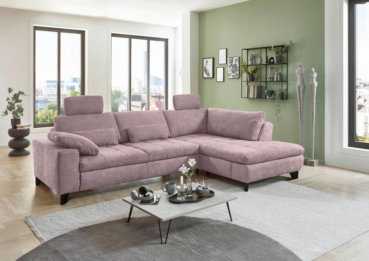Rohová sedačka LANDO, pravá, růžová žinylka PIA,s funkcemi - růžová/černá, Moderní, kov/textil (289/197cm) - Premium Living