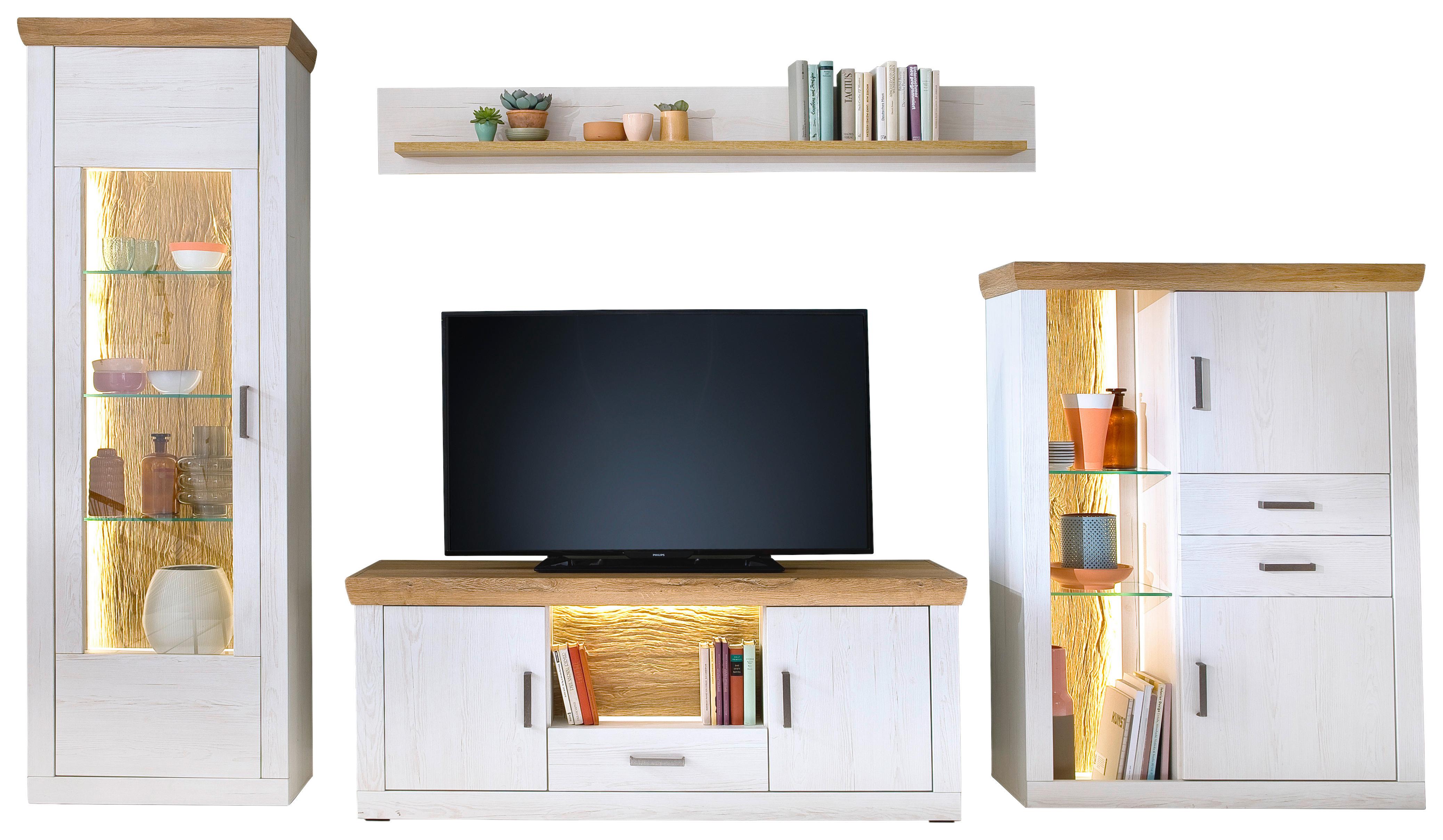 Wohnkombination 4-tlg. Madrid Eiche-/pinienfarben - Eichefarben/Schwarz, Design, Glas/Holzwerkstoff (351/205/50cm) - MID.YOU