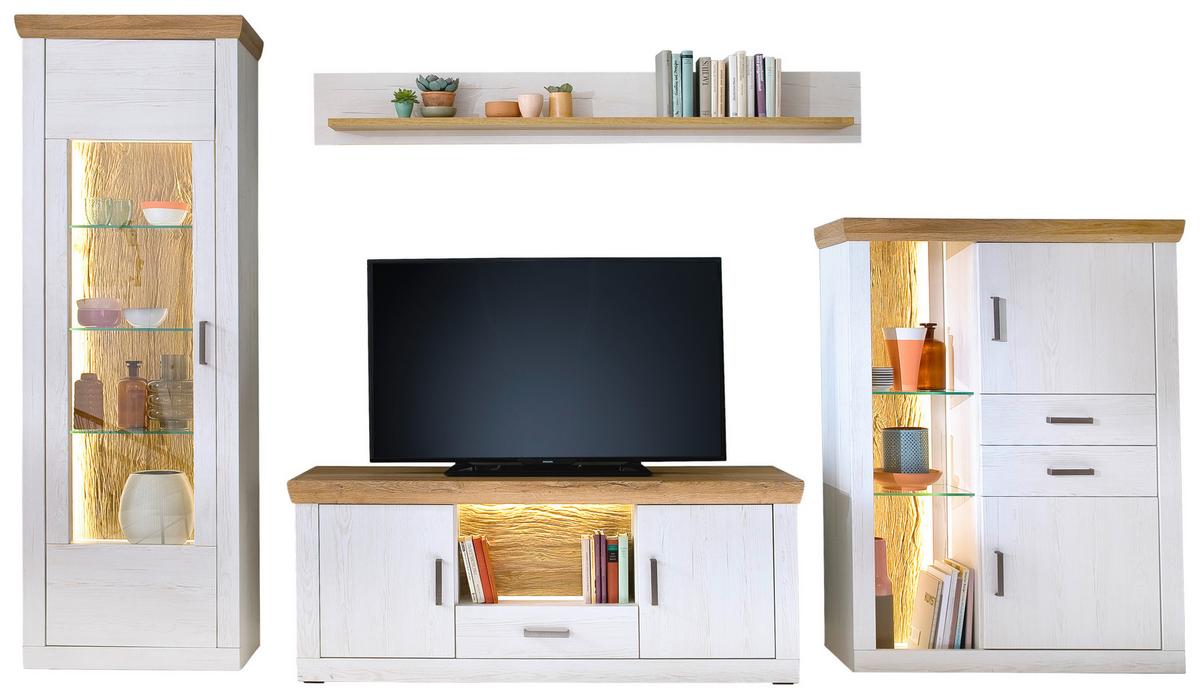 Wohnkombination 4-tlg. Madrid Eiche-/pinienfarben - Eichefarben/Schwarz, Design, Glas/Holzwerkstoff (351/205/50cm) - MID.YOU