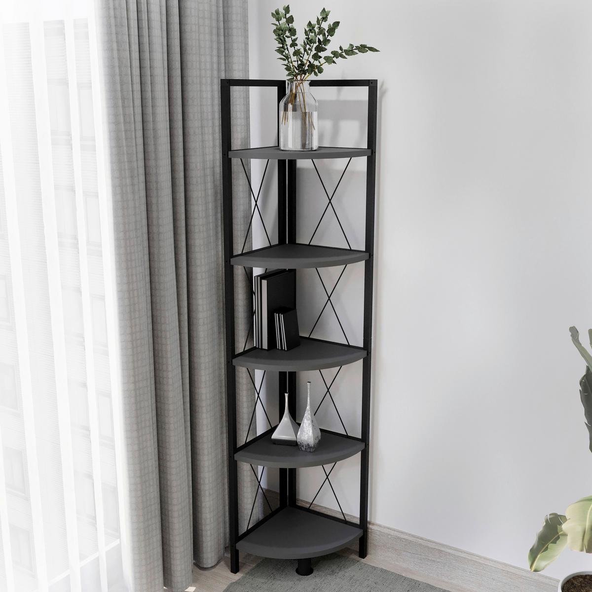 Eckregal Insasi Schwarz Anthrazit - Anthrazit/Schwarz, Design, Holzwerkstoff/Metall (34/160/34cm) - MID.YOU