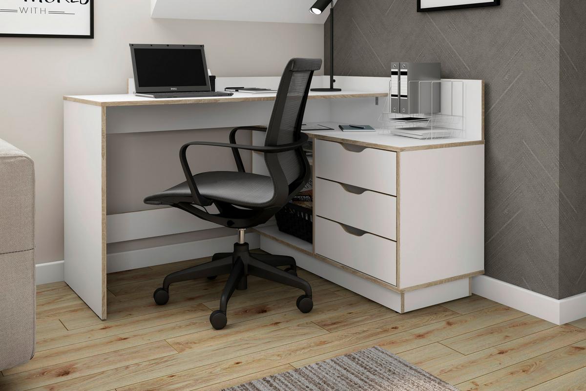 Eckschreibtisch Belfast - Weiß/Sonoma Eiche, MODERN, Holzwerkstoff (129/105/84cm) - MID.YOU