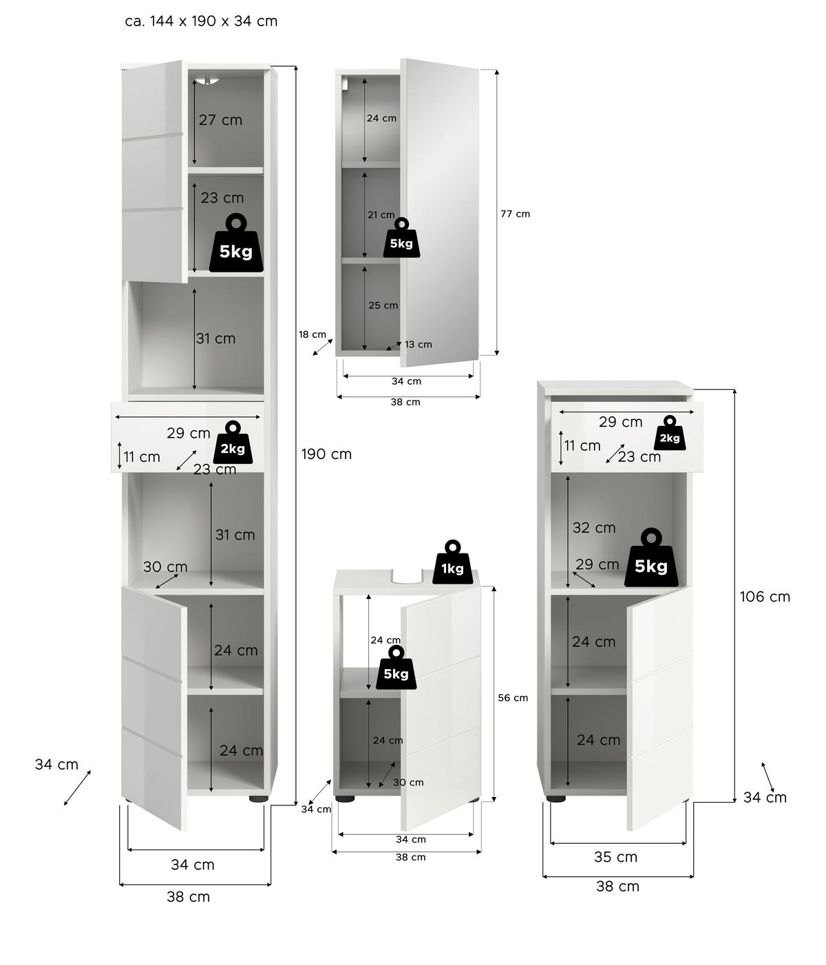 Badezimmer Vira Weiß B: 114 cm - Weiß Hochglanz/Schwarz, MODERN, Holzwerkstoff (114cm) - MID.YOU