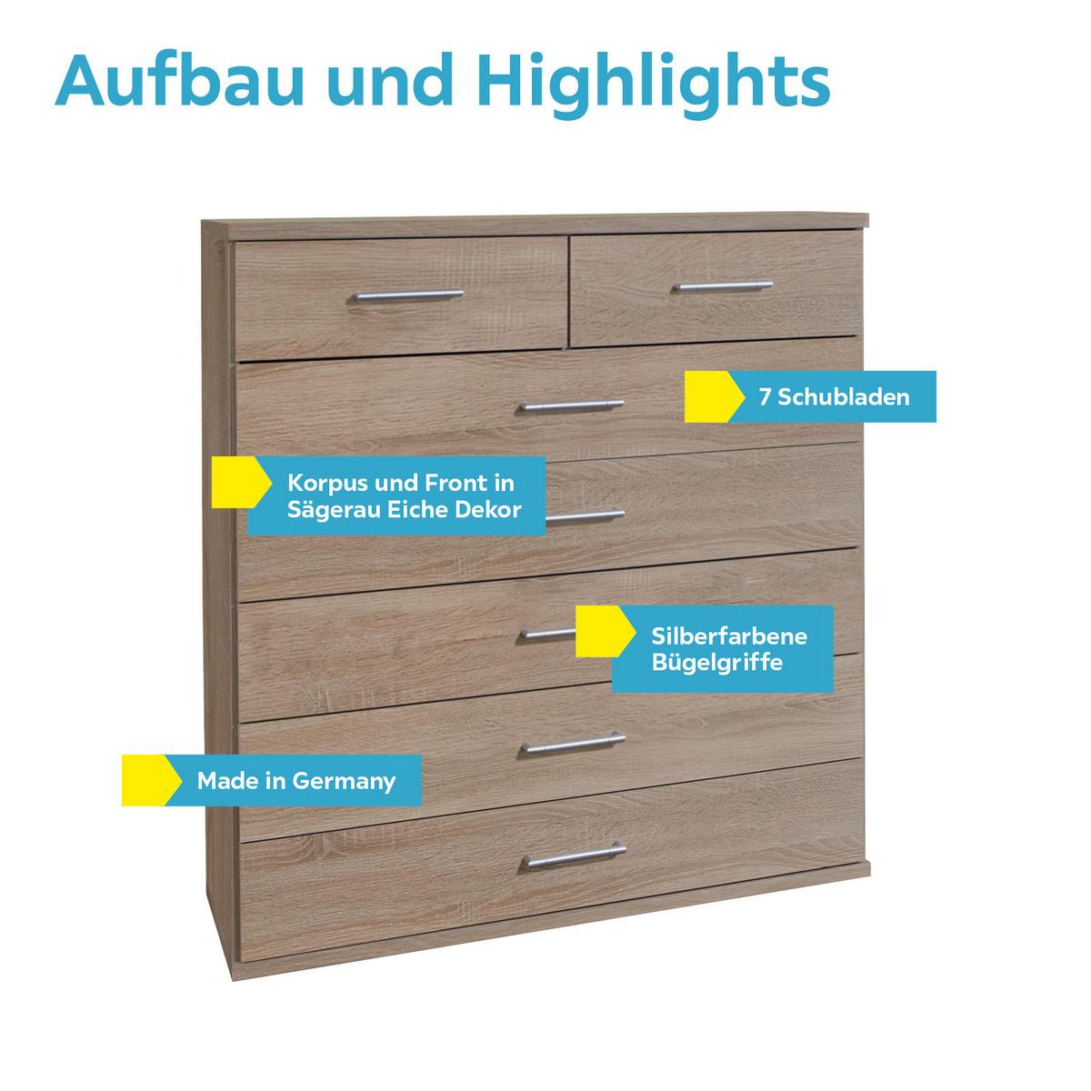 Kommode 91 Cm Osaka, Sägerau Eiche Dekor - Eichefarben, KONVENTIONELL, Holzwerkstoff (91/106/40cm) - MID.YOU