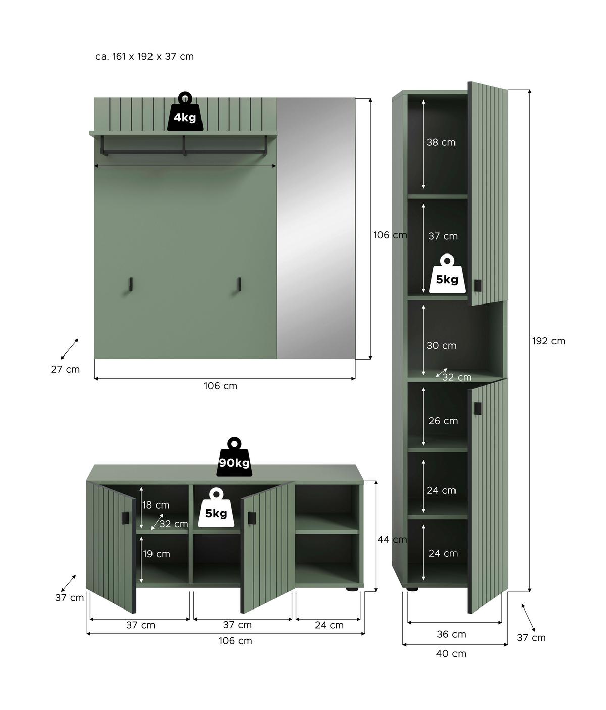 Garderobe Station Graugrün B: 161cm - Graugrün, Design, Holzwerkstoff (161/192/37cm) - MID.YOU