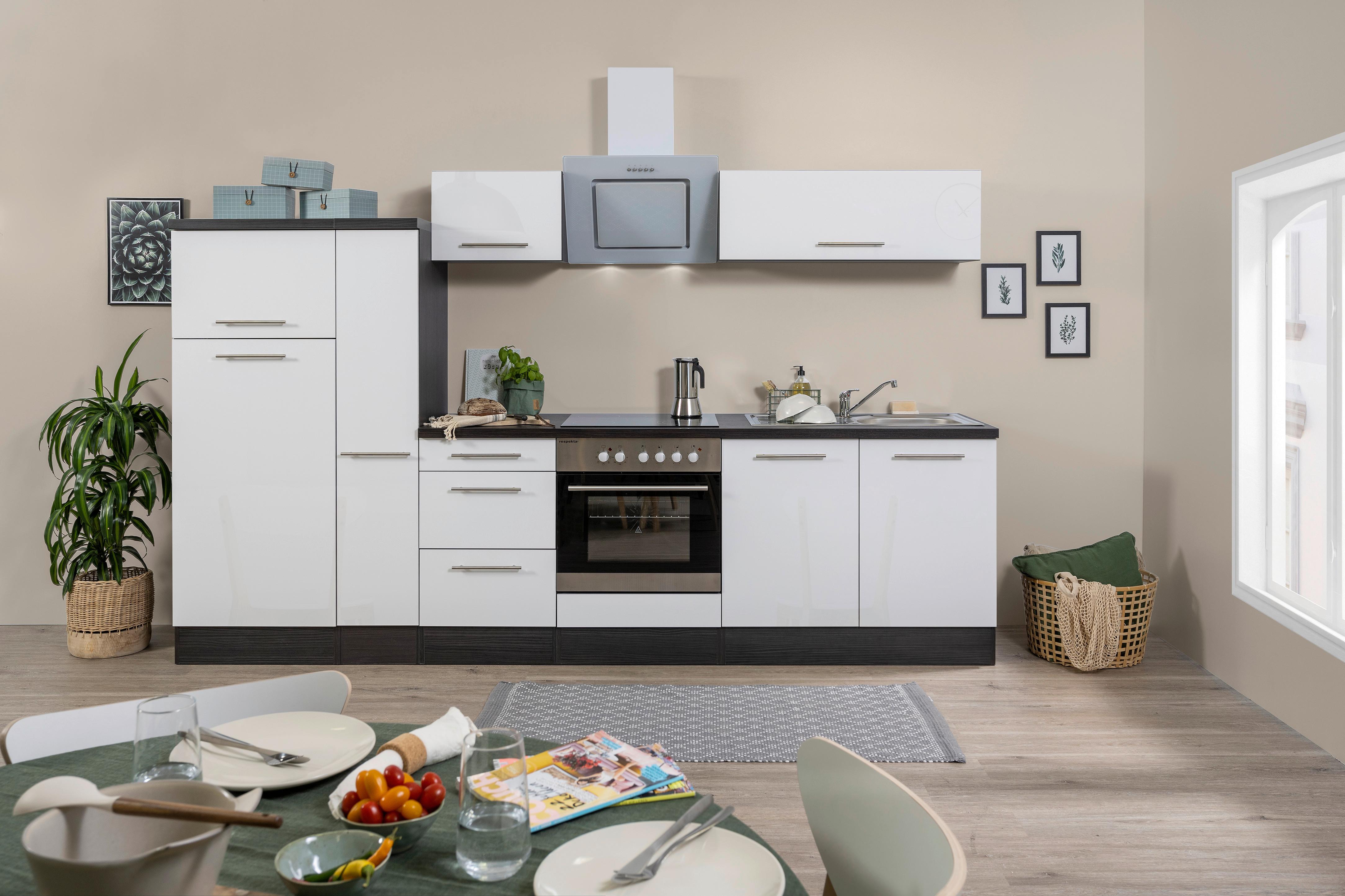 Küchenzeile mit Geräten 300 cm Weiß/Grau - Eichefarben/Weiß, Basics, Holzwerkstoff (300cm) - Respekta