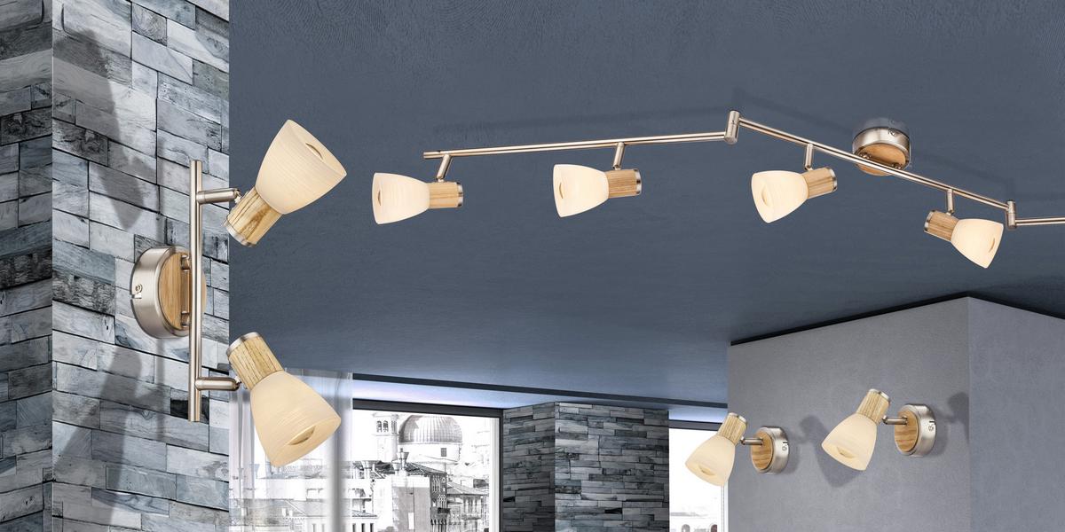Strahler Gylfi 6-Flammig verstellbar L: 145 cm - Nickelfarben, LIFESTYLE, Glas/Naturmaterialien (145/18cm) - Globo
