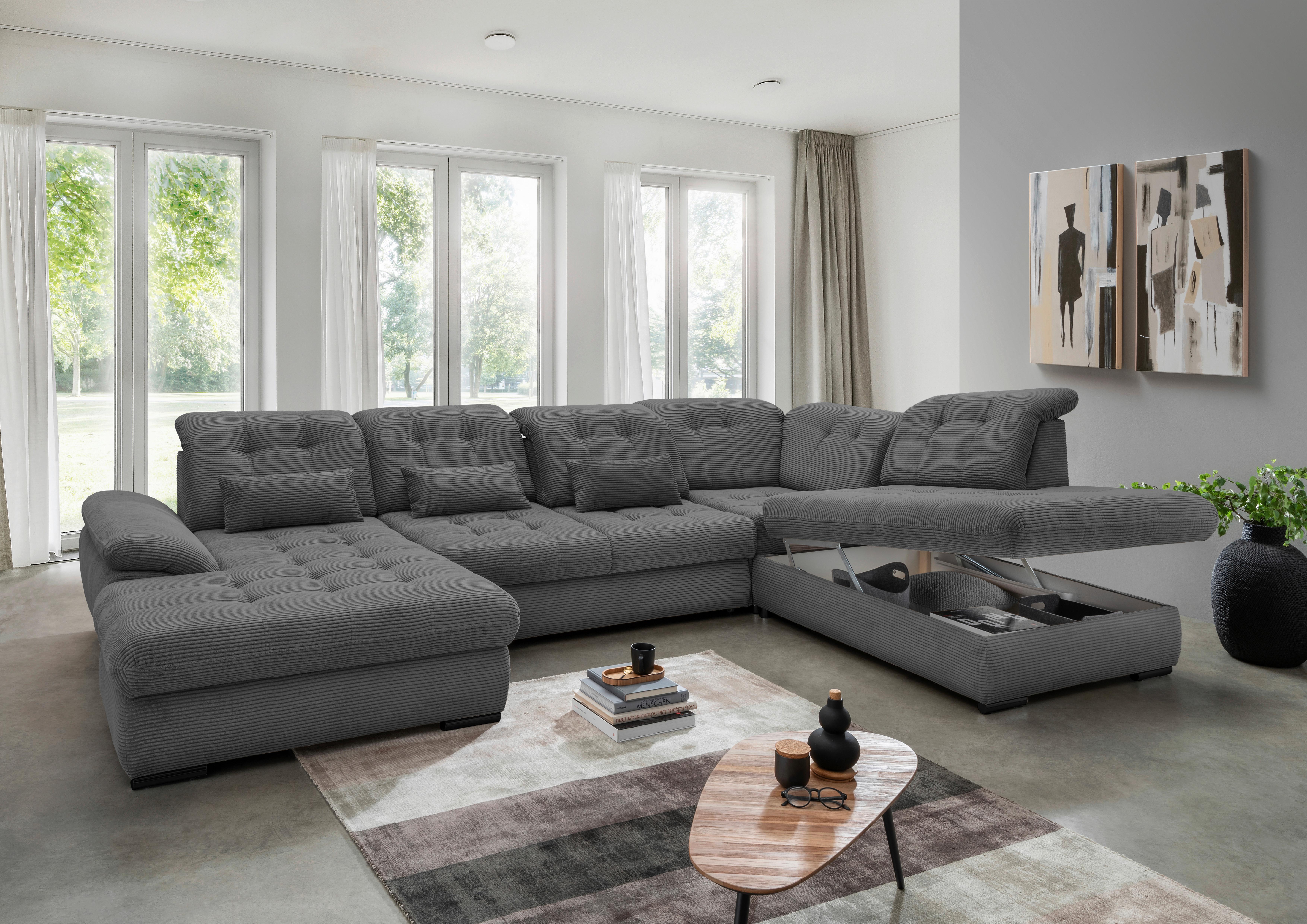 Wohnlandschaft mit Bettkasten Rigatti Grau B: 387 cm - Schwarz/Grau, MODERN, Textil (184/387/252cm) - Livetastic