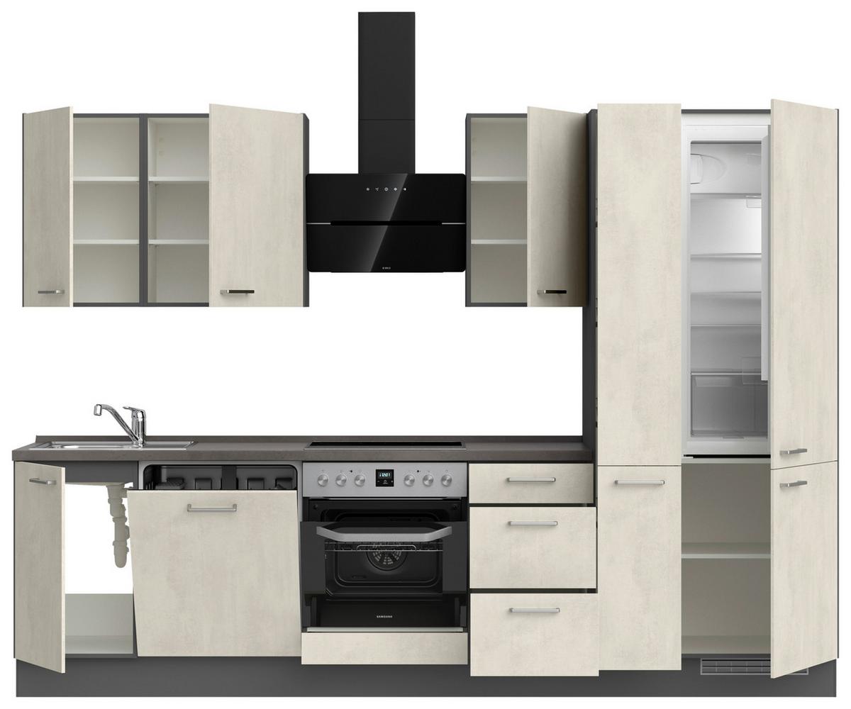 Kuchynská linka 300CM biely betón/ bridlicová šedá - biela/farba ušľachtilej ocele, Modern, kov/kompozitné drevo (300cm) - Nobilia