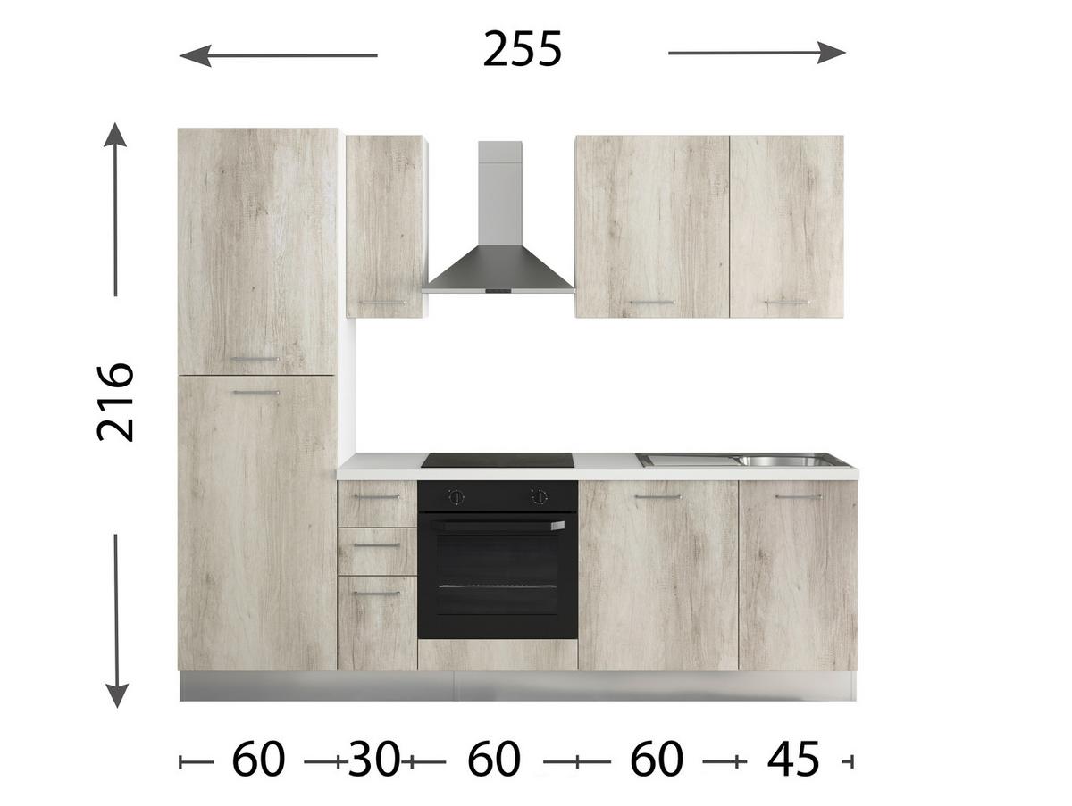Küchenzeile Gardena mit Geräten 255 cm Eiche Dekor - Eiche Bianco/Alufarben, MODERN, Holzwerkstoff/Kunststoff (255/88/216cm) - MID.YOU