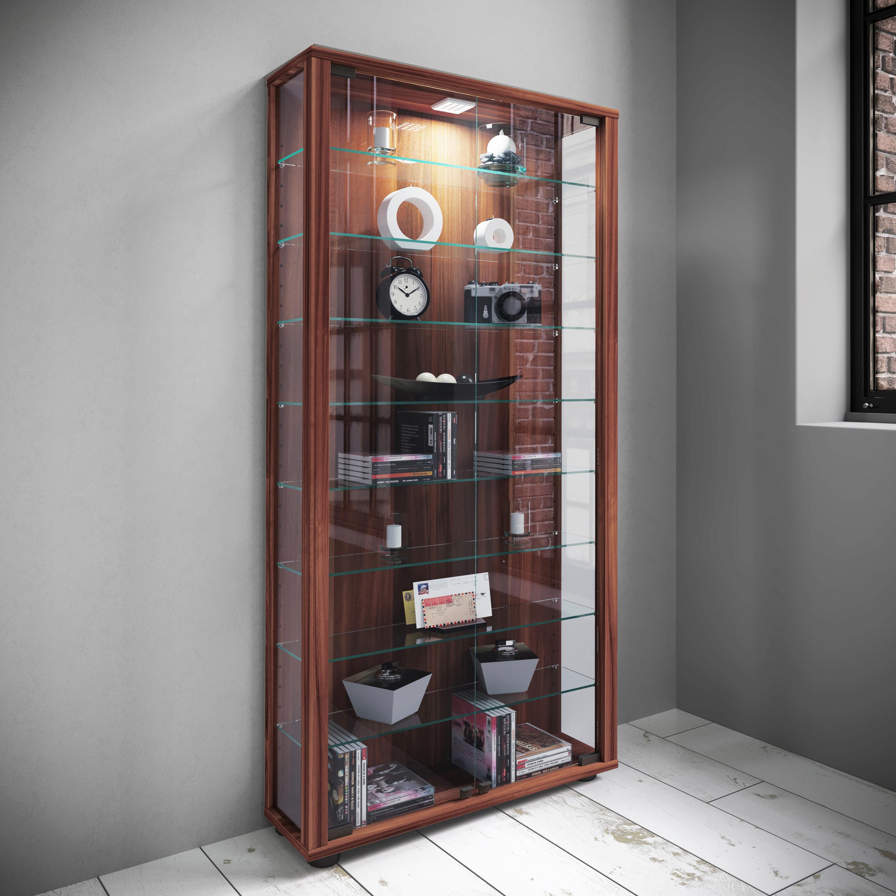 Vitrine Lumo Maxi Nussbaumfarben - Transparent/Nussbaumfarben, Design, Glas/Holzwerkstoff (59/113/18cm) - MID.YOU