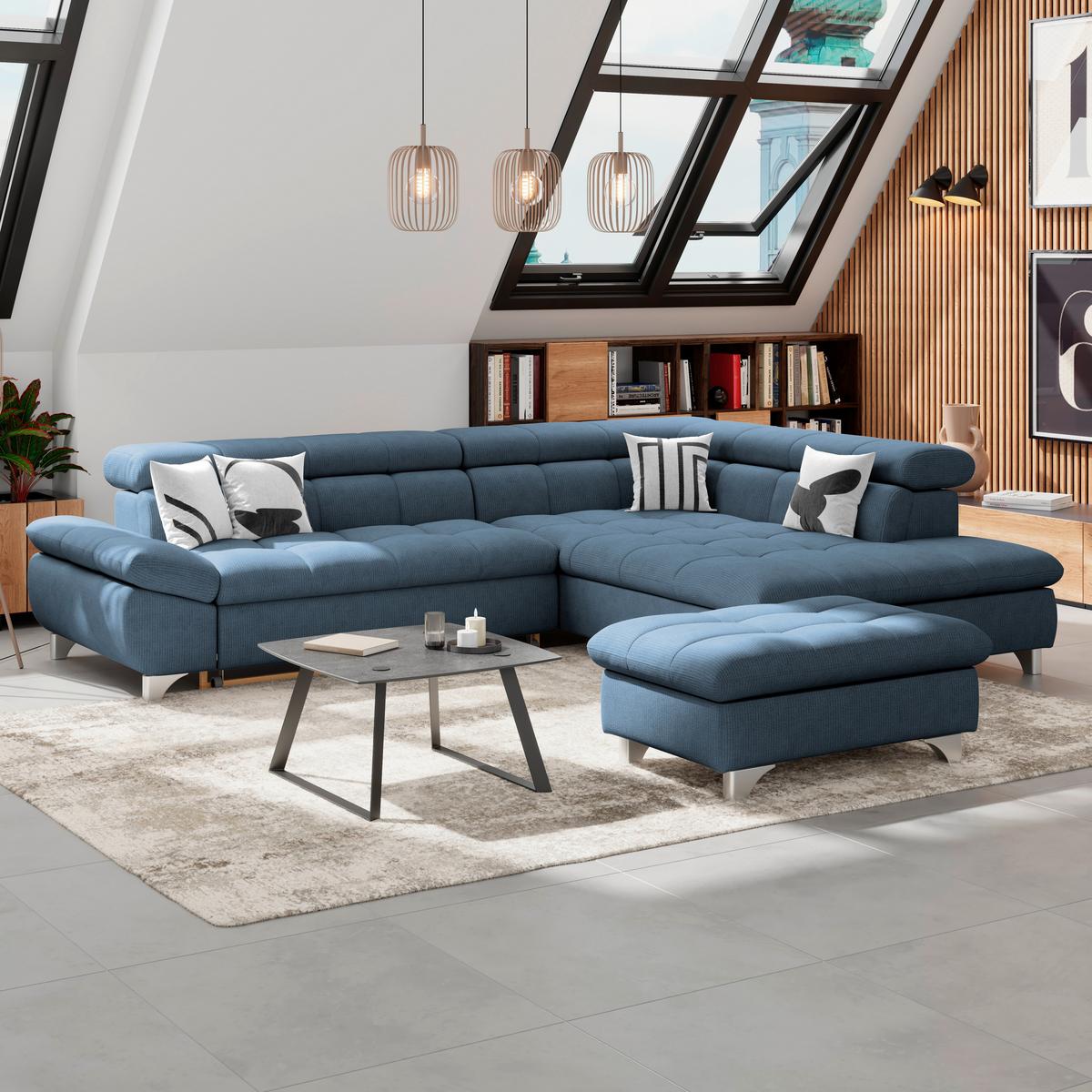 Ecksofa Mit Schlaffunktion Gemini Dunkelblau 312x234 Cm - Chromfarben/Dunkelblau, KONVENTIONELL, Textil (312/234cm)