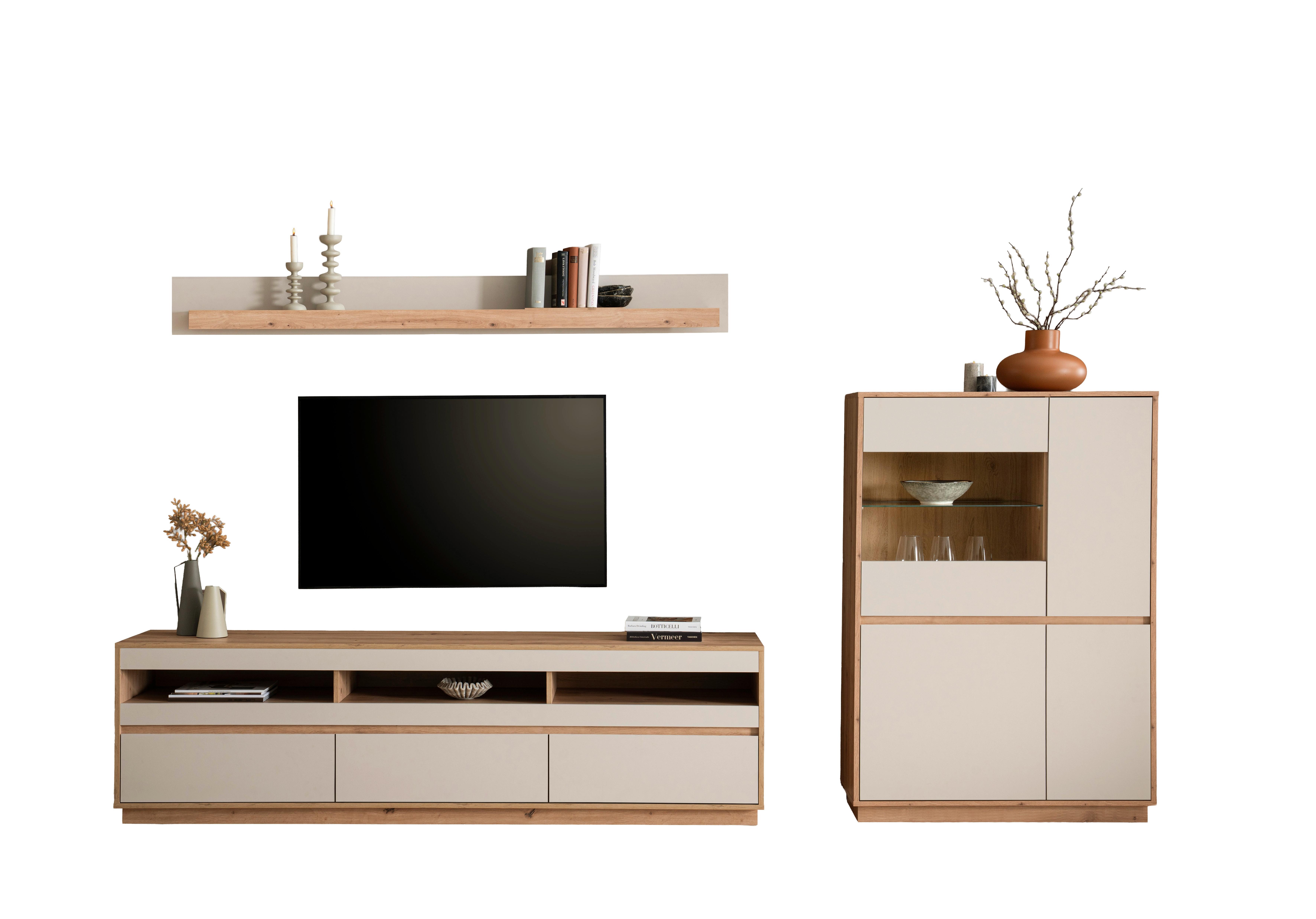 Wohnwand Sonora Eiche Artisan B: 292cm - Kaschmir/Eiche Artisan, Design, Glas/Holzwerkstoff (292/205/40cm) - MID.YOU