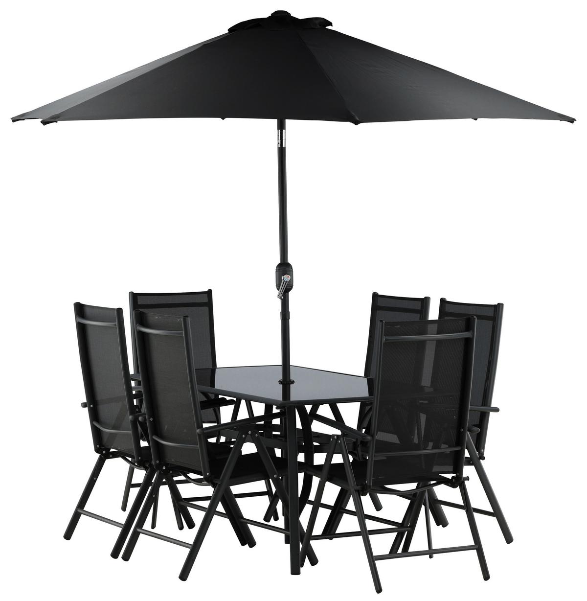 Gartentischgruppe 8-Tlg Brekki aus Aluminium mit Schirm - Schwarz, KONVENTIONELL, Glas/Metall - Gardenson