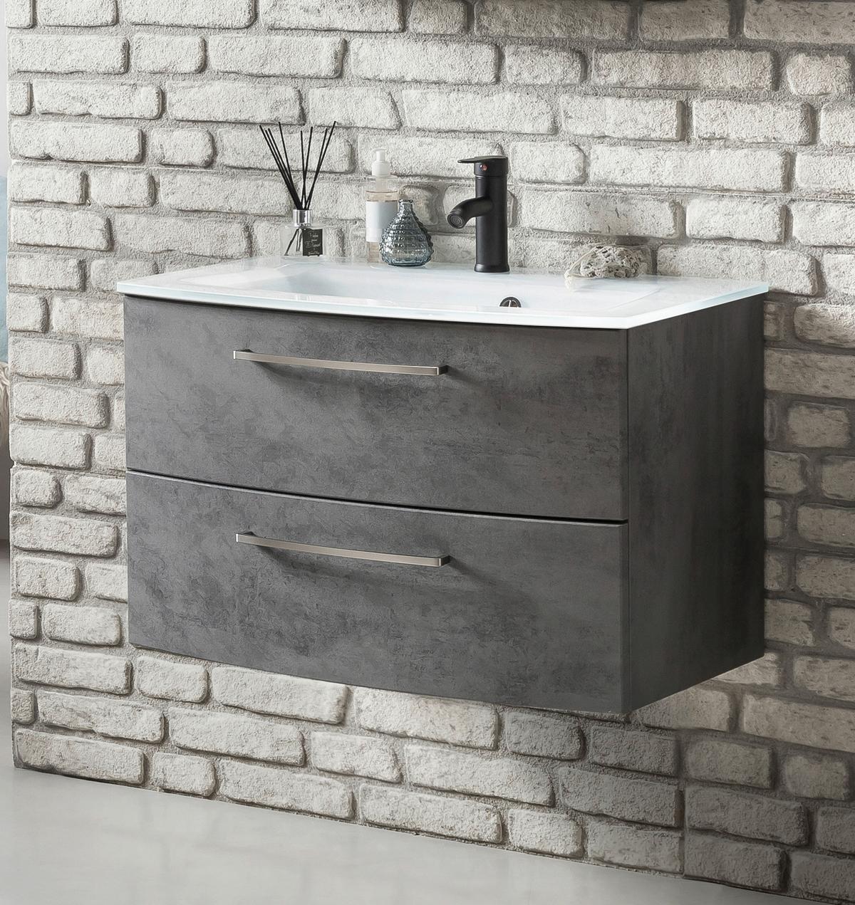 Waschbecken mit Unterschrank Stockholm B: 80cm Grau Dekor - Dunkelgrau/Weiß, KONVENTIONELL, Glas/Holzwerkstoff (80cm) - Held