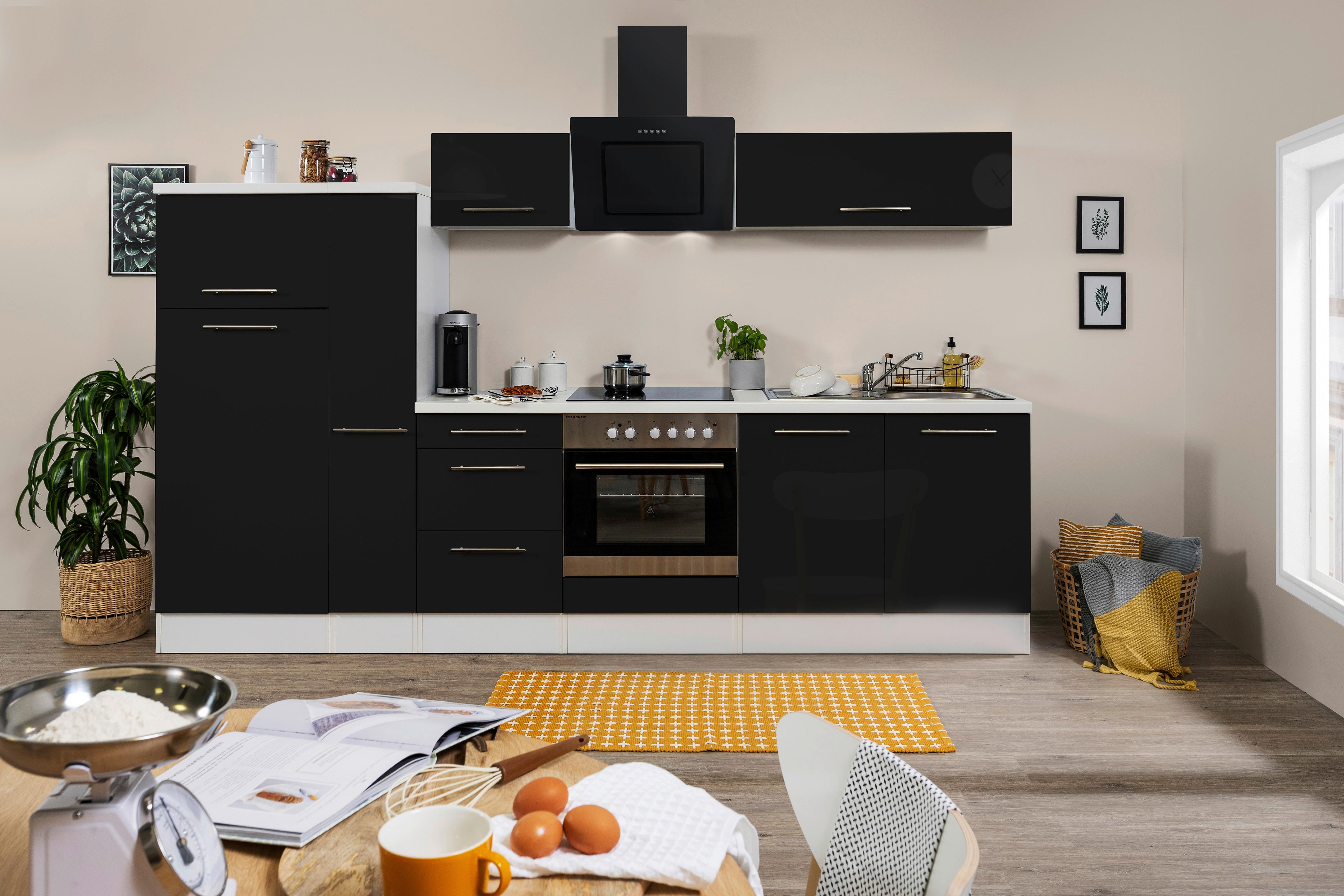 Küchenzeile mit Geräten 300 cm Schwarz Hochglanz/Weiß - Schwarz/Weiß, KONVENTIONELL, Holzwerkstoff (300cm) - Respekta
