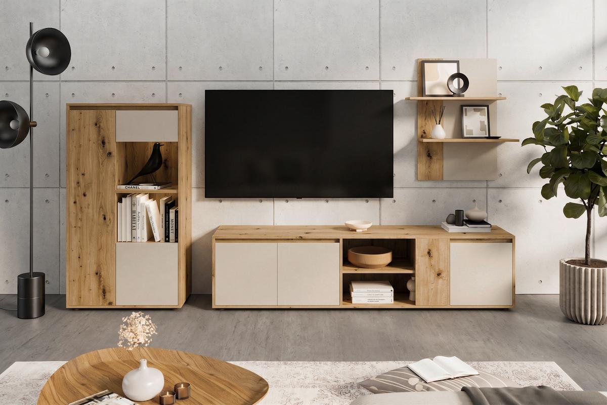Wohnwand Caneva Eiche Artisan/Kaschmir B:267cm - Kaschmir/Eiche Artisan, MODERN, Glas/Holzwerkstoff (267,5/135/40cm) - Modern Living