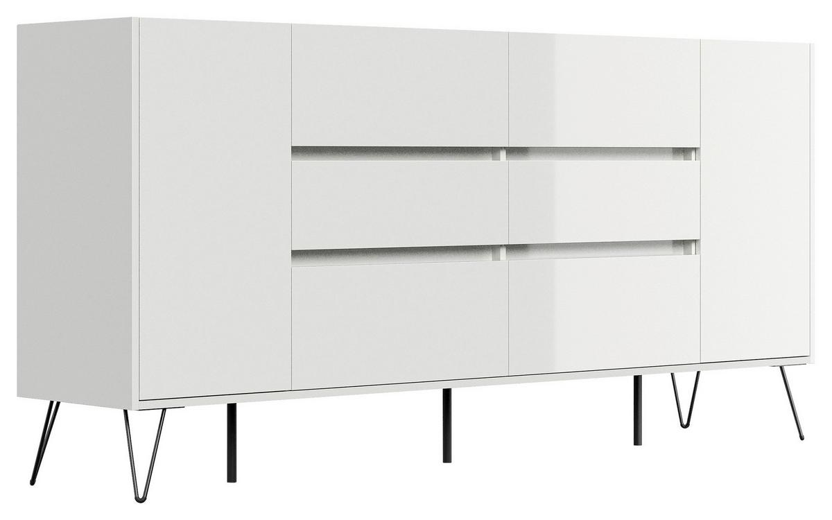 Sideboard Posseik Industrial Weiß B: 199 cm - Weiß Hochglanz/Schwarz, Design, Holzwerkstoff (199/93,6/42cm) - P & B