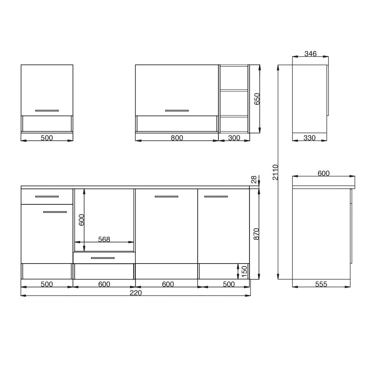 Küchenzeile ohne Geräte B: 220 cm Grau/Wildeiche - Wildeiche/Grau, Basics, Holzwerkstoff (220cm) - Respekta