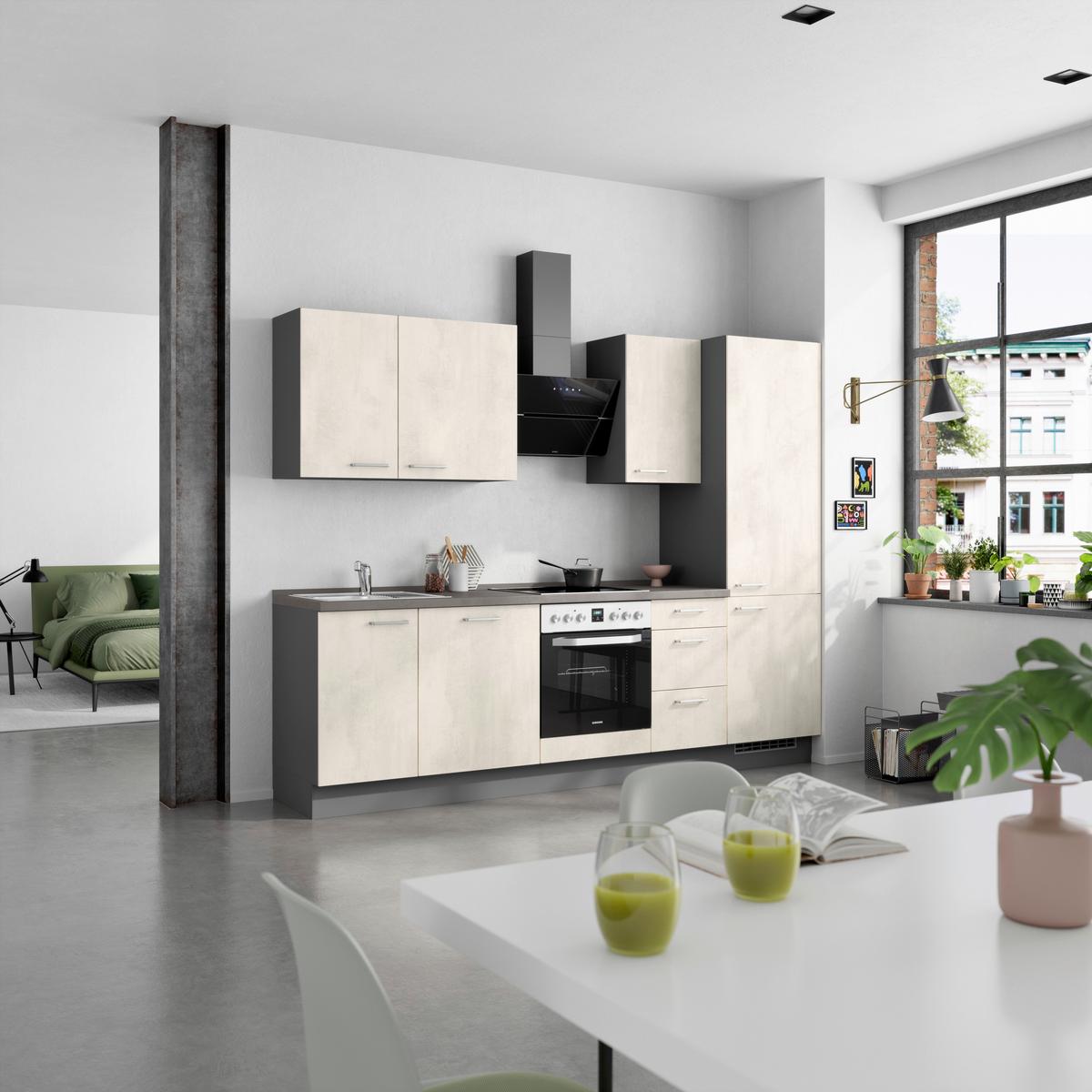 Kuchynská linka 270CM biely betón/ bridlicová šedá - biela/farba ušľachtilej ocele, Modern, kov/kompozitné drevo (270cm) - Nobilia