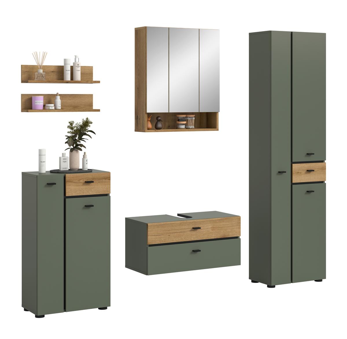 Badezimmer Aqua Grün/Eichefarben B: 177cm - Eichefarben/Schwarz, Trend, Glas/Holzwerkstoff (177cm) - MID.YOU