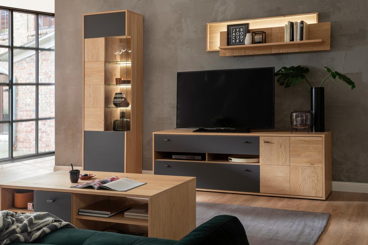 Wohnkombination Teilmassiv 3tlg. Valencia Anthrazit - Eiche Bianco/Anthrazit, Design, Glas/Holz (258/207/50cm) - MID.YOU
