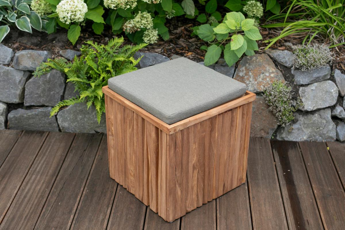 Gartenhocker Woodie Teakholz Braun/Taupe mit Stauraum - Taupe/Braun, Basics, Holz/Textil (45/45/45cm) - Gardenson