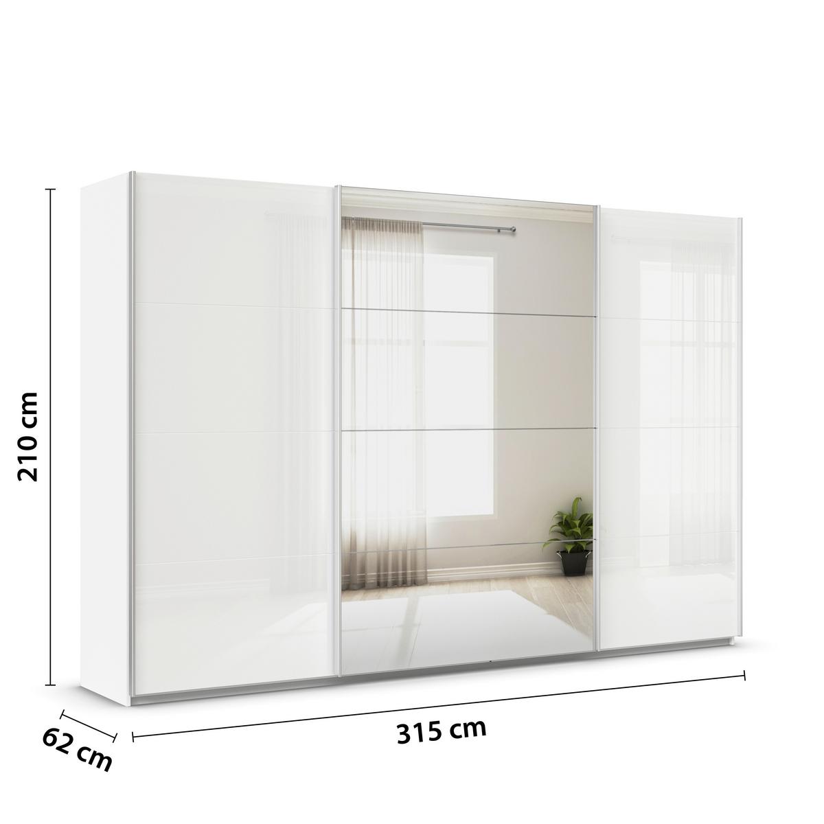 Schwebetürenschrank B: 315cm Feldkirch Weiß - Weiß Hochglanz/Silberfarben, MODERN, Glas/Holzwerkstoff (315/210/62cm)