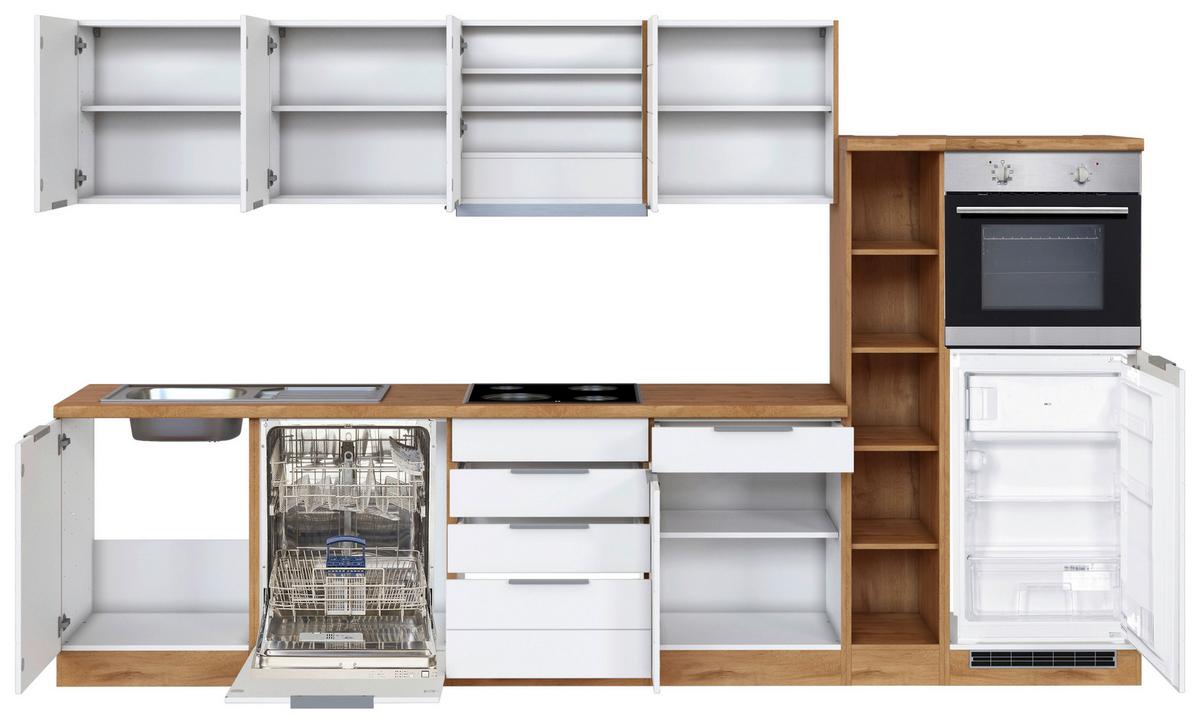 Küchenzeile Florenz mit Geräten 330 cm Weiß/Eichefarben - Eiche Wotan/Weiß, Design, Holzwerkstoff (330cm) - Held