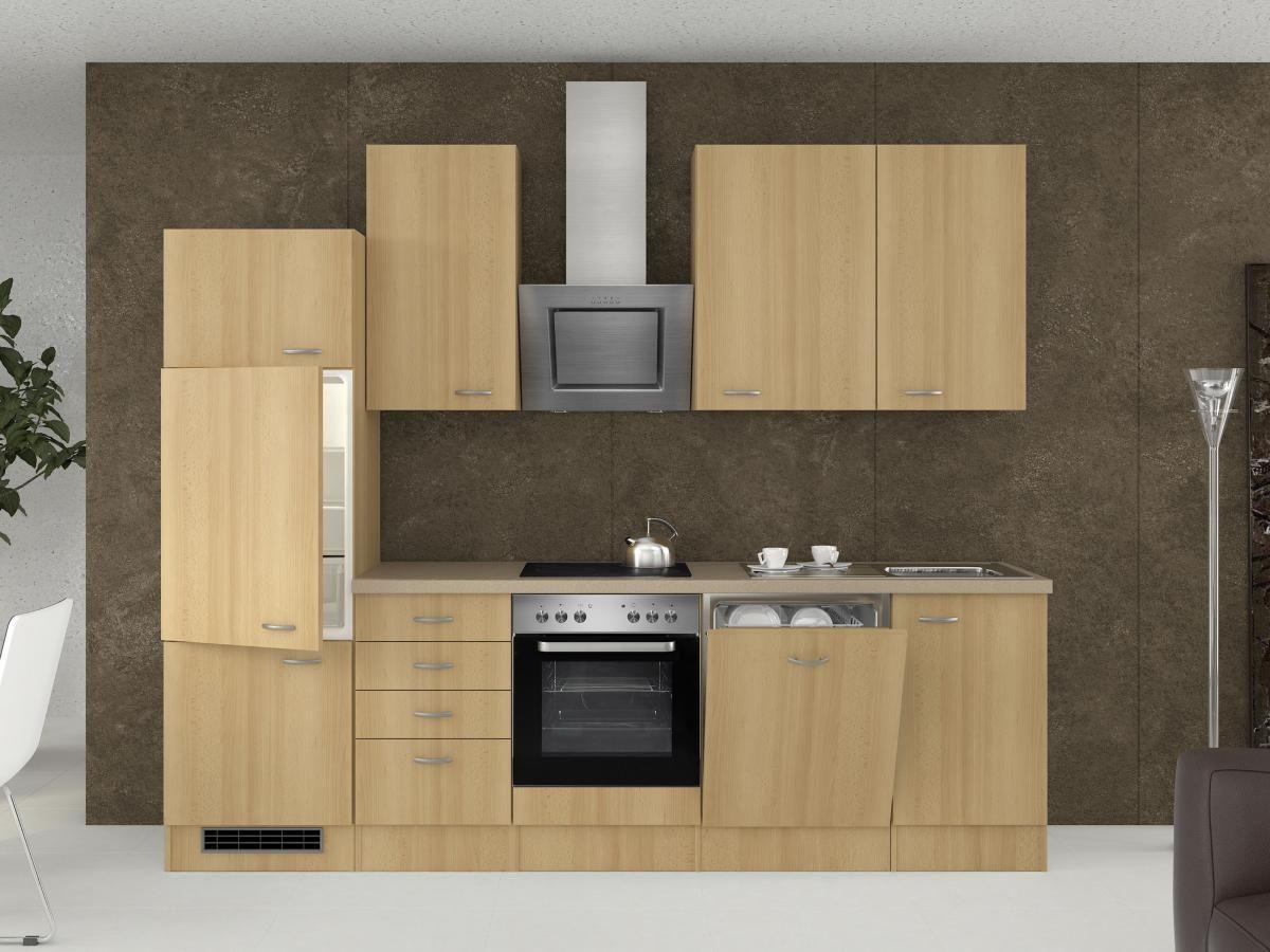 Küchenzeile Nano mit Geräten 280 cm Buche/Creme Dekor - Beige/Buchefarben, MODERN, Holzwerkstoff (280cm) - FlexWell