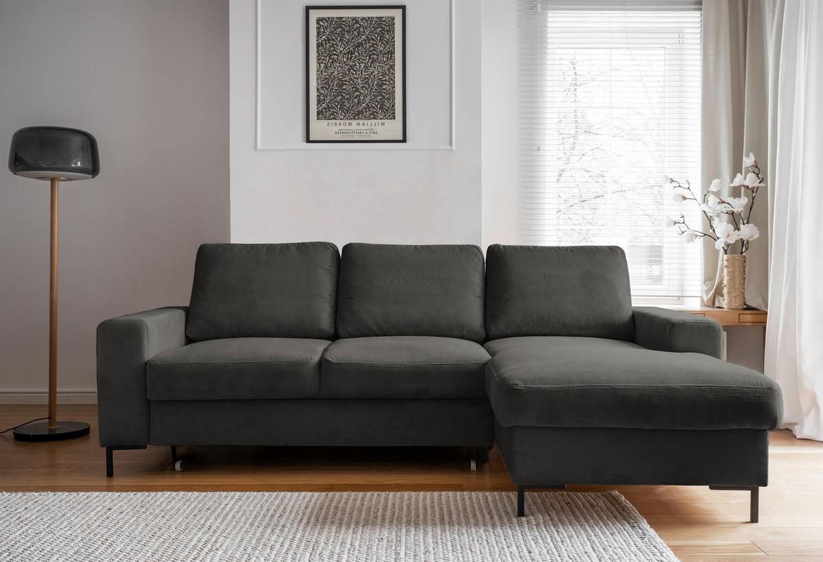 Rohová sedačka LEONIE, pravá, sivý menčester - čierna/sivá, Modern, kov/drevo (236/148cm)