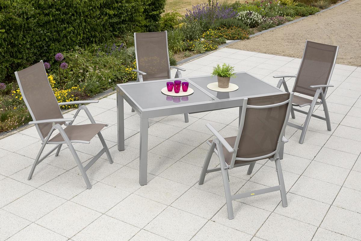Gartengarnitur 5-Tlg. Carrara Metall/Textil/Glas - Taupe/Silberfarben, KONVENTIONELL, Glas/Textil - Gardenson