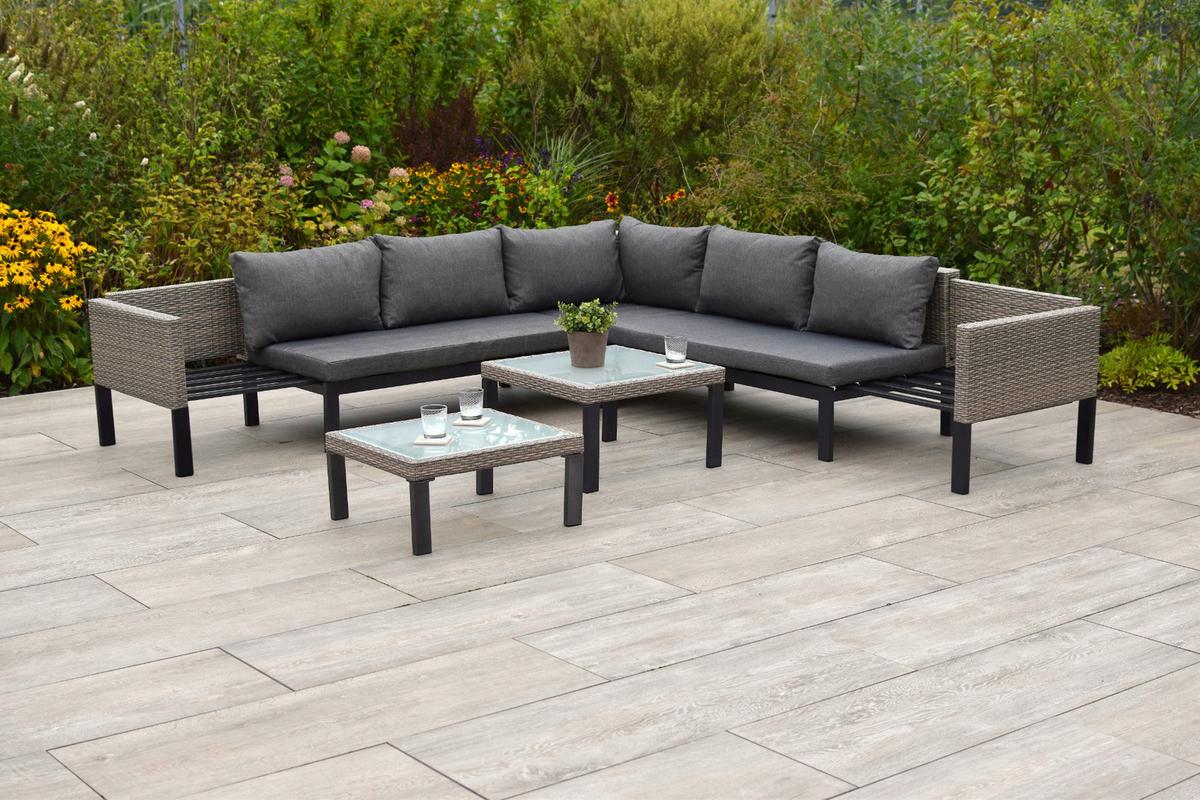 Loungegarnitur 3-Tlg Amantea Metall/Kunststoff mit Kissen - Beige, MODERN, Glas/Kunststoff (200/200cm) - Gardenson